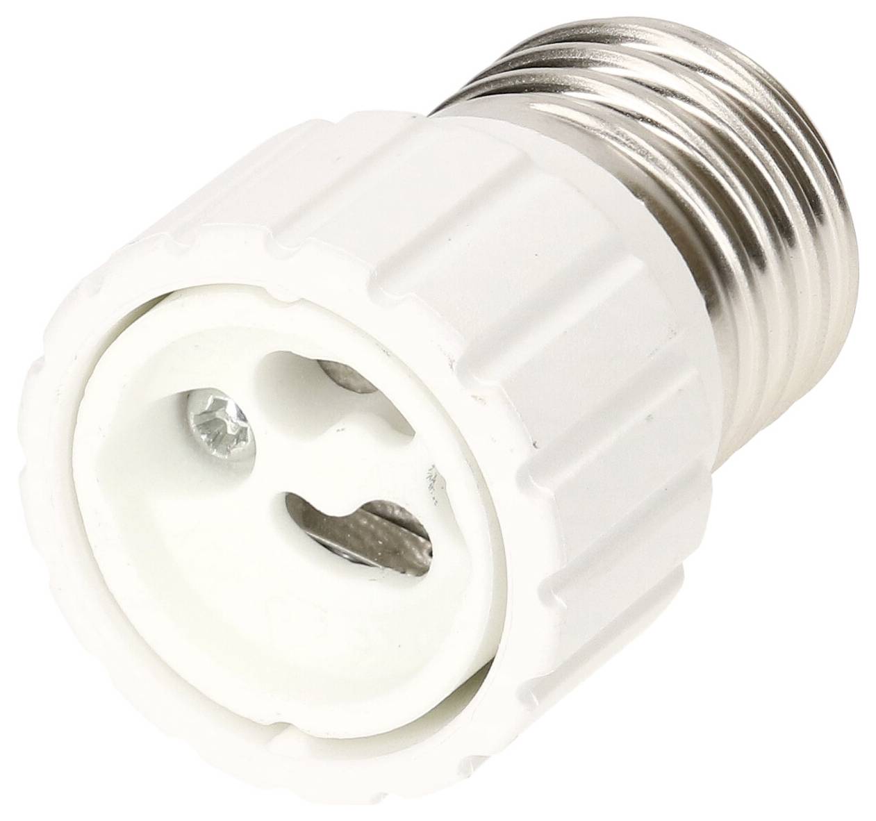 Weißer, zylindrischer Adapter für die Umwandlung einer Glühlampenfassung.