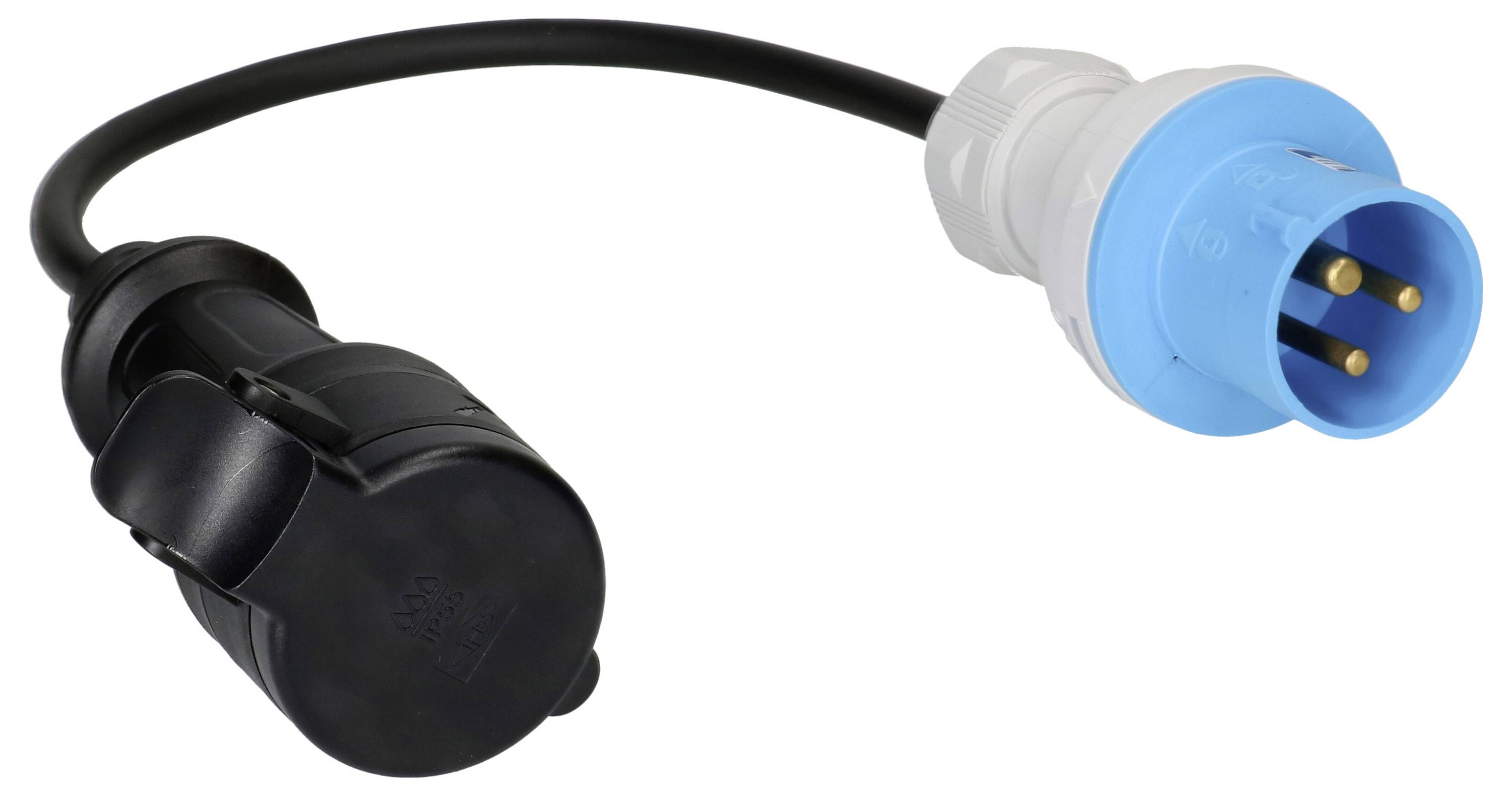 'Adapterkabel mit drei-poligem blauen Stecker und schwarzer Buchse, geeignet für den Anschluss von Elektrogeräten an eine Stromquelle.'