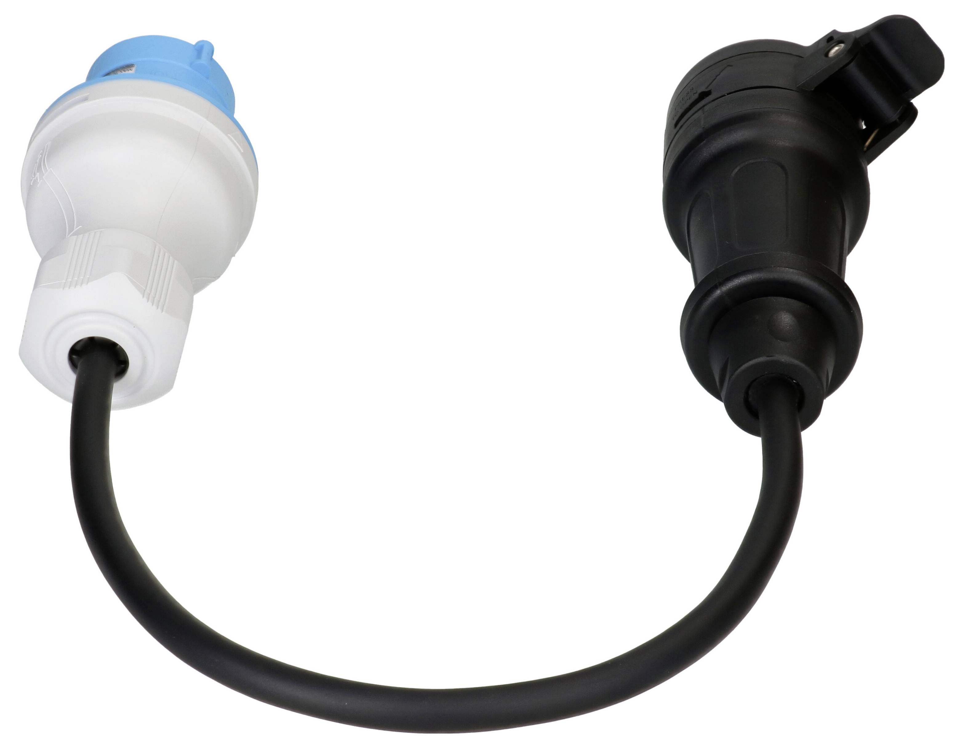 Ein schwarzes Stromkabel mit einem blauen und weißen Stecker auf der linken Seite und einem schwarzen Stecker auf der rechten Seite.