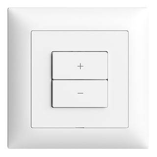 Ein weißer Lichtdimmer-Schalter mit zwei Tasten: oben '+' zum Erhöhen, unten '-' zum Verringern der Helligkeit.