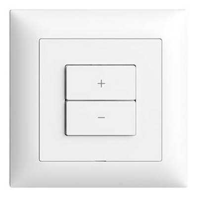 Ein weißer Lichtdimmer-Schalter mit zwei Tasten: oben '+' zum Erhöhen, unten '-' zum Verringern der Helligkeit.