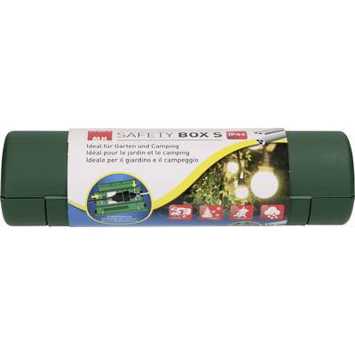 Eine grüne Sicherheitsbox mit Aufkleber, der sie als ideal für Garten und Camping beschreibt. Symbole zeigen Schutz vor Regen und Spritzwasser.