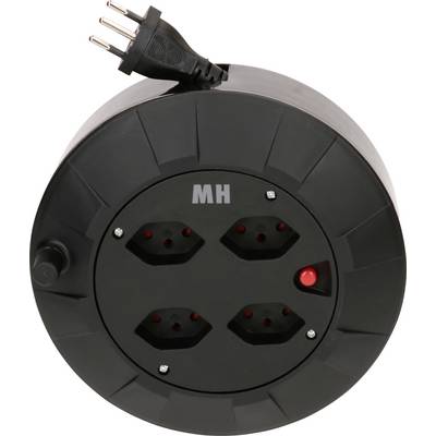 Schwarze Kabeltrommel mit vier Steckdosen und einem Stecker. Die Oberseite zeigt die Buchstaben 'MH'.