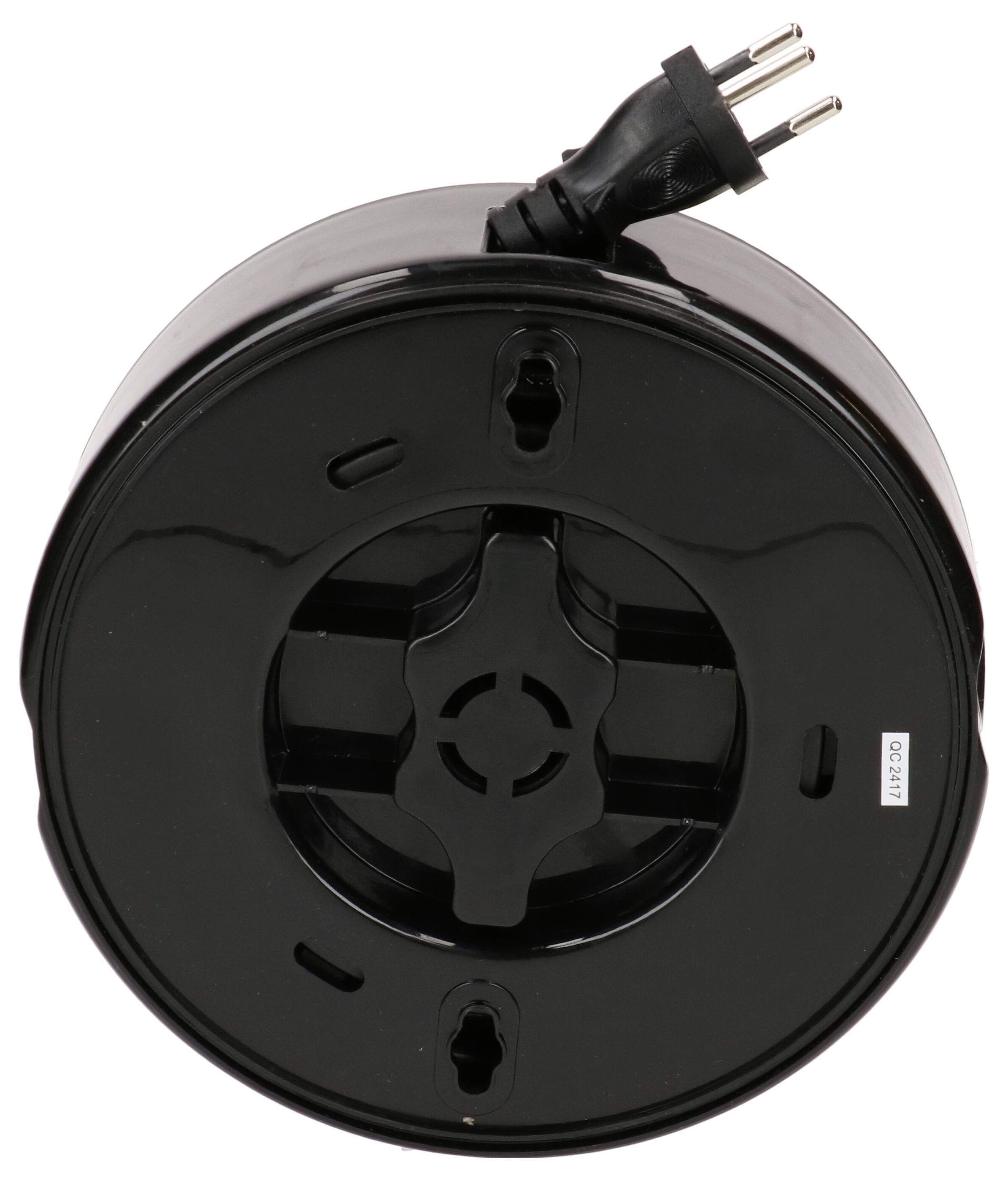 Schwarze Kabeltrommel mit zwei Steckdosen und einem Stecker, aufgerollt und bereit zur Nutzung.