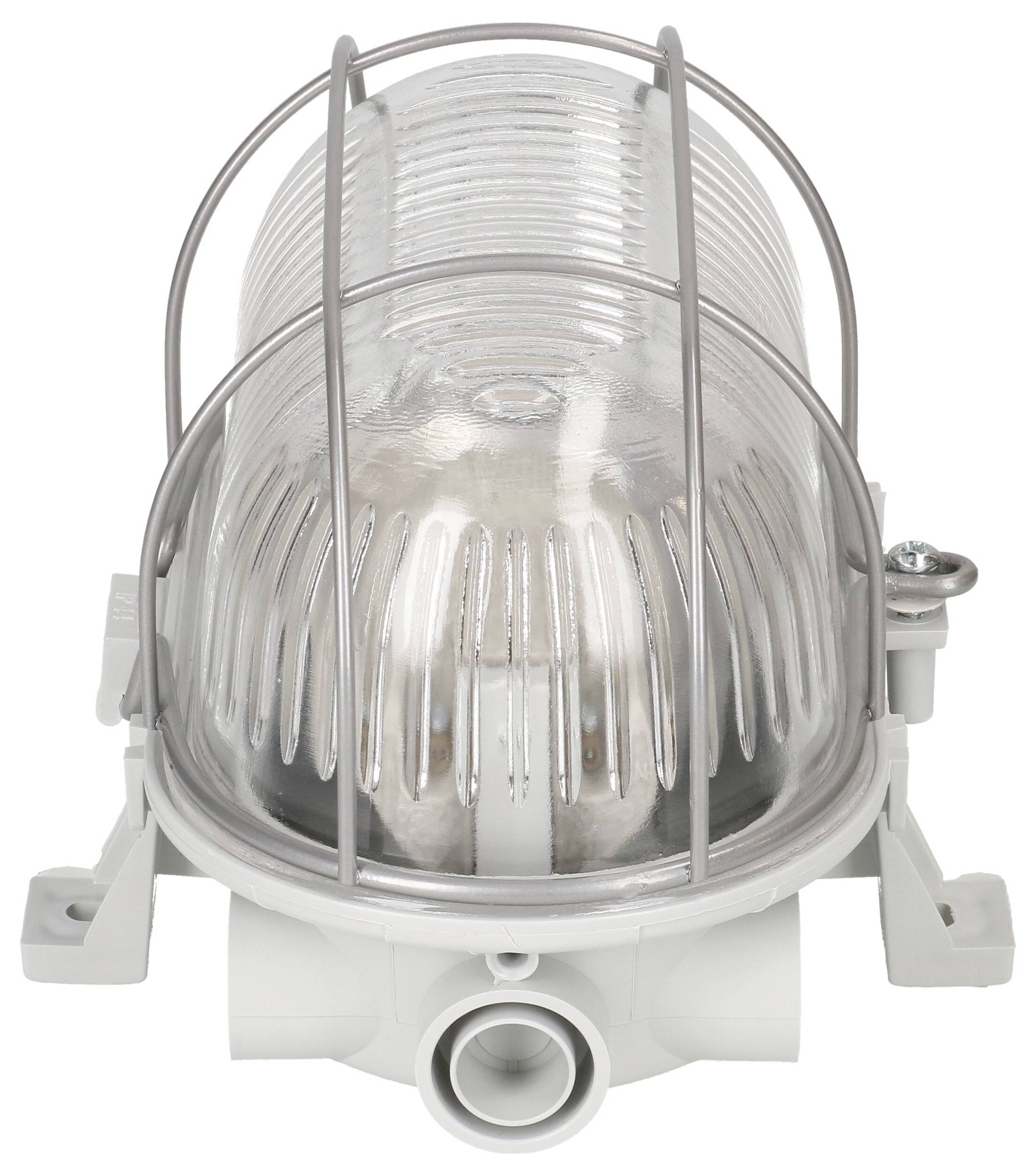 Elektrische Wandlampe mit Metallrahmen und Glasabdeckung auf weißem Hintergrund, geeignet für Außen- oder Industrieanwendungen.