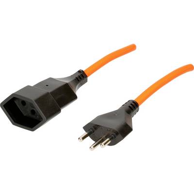 Ein orangefarbenes Stromkabel mit einem dreipoligen Stecker und einem rechteckigen Steckanschluss, verwendet für Elektrogeräte.