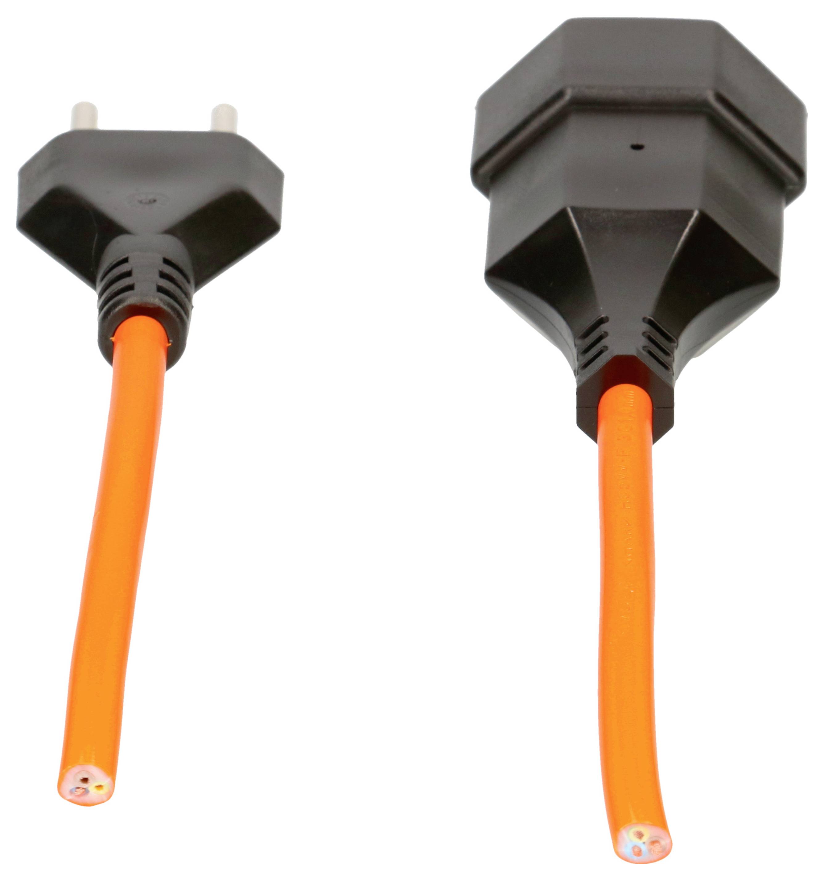 Zwei orange Kabel mit schwarzen Steckern; eines mit einem Eurostecker, das andere mit einem Schutzkontaktstecker.