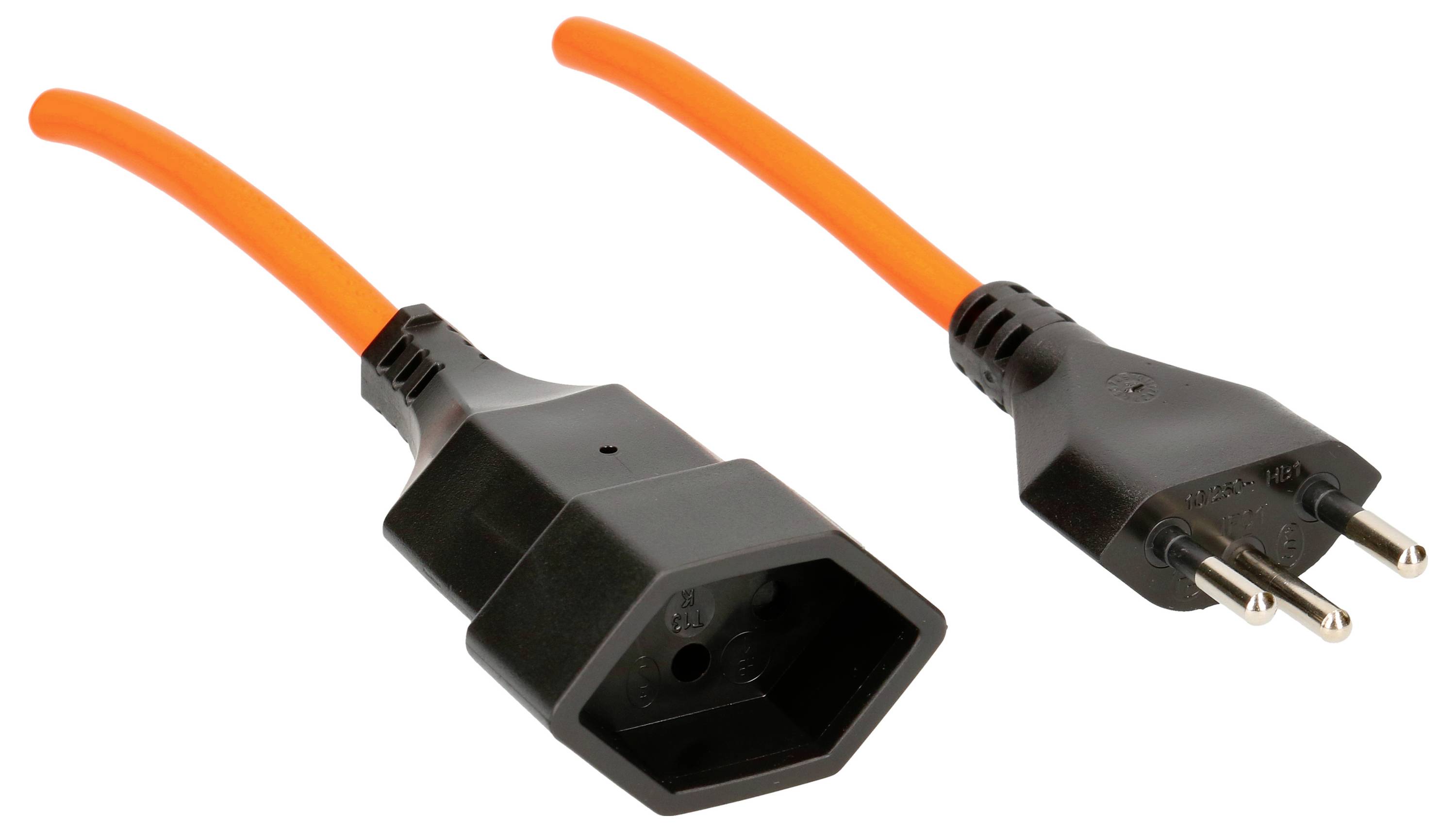 Ein orangefarbenes Stromkabel mit einem männlichen und einem weiblichen Stecker an den Enden, bereit für den Anschluss.