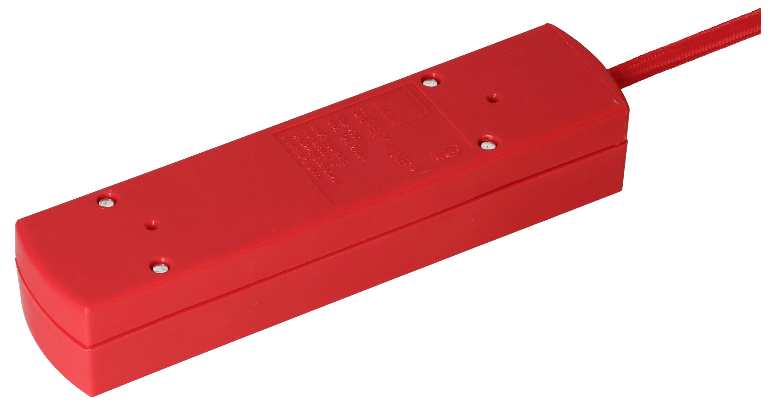 Roter Kunststoffkasten mit stromigem Kabel auf weißem Hintergrund. Kasten mit vier Schrauben an der Vorderseite.