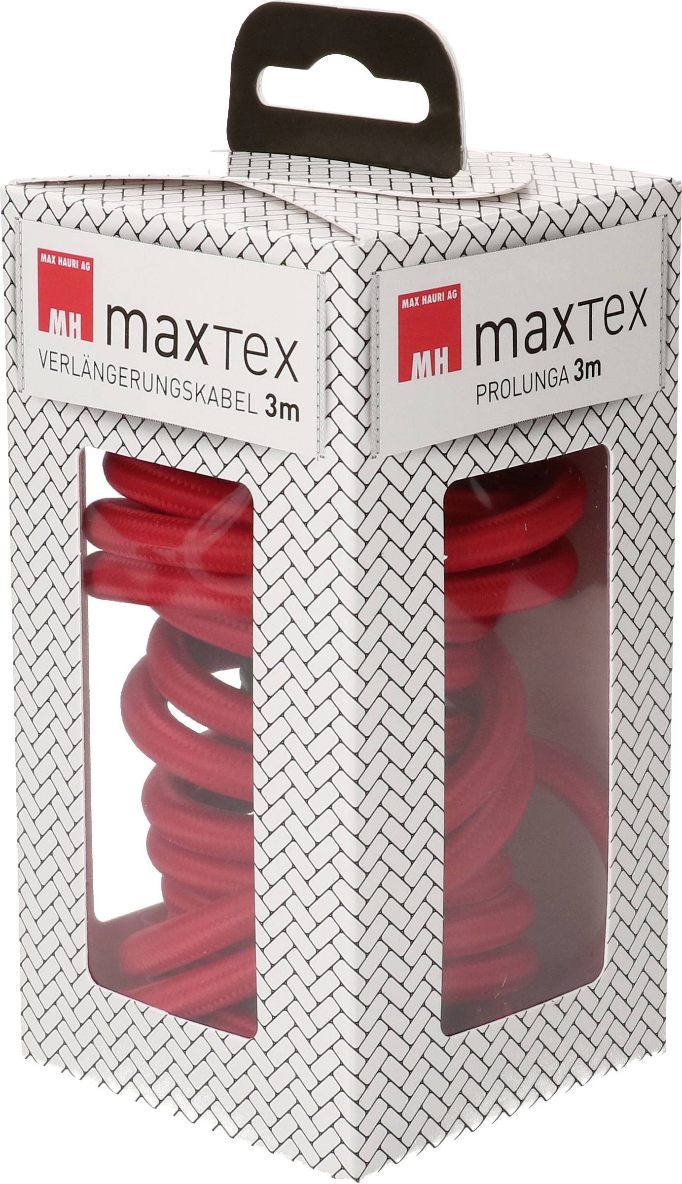 Verpackung eines roten Verlängerungskabels der Marke 'maxTex', 3 Meter lang. Die Kartonschachtel hat Sichtfenster und Tragegriff.