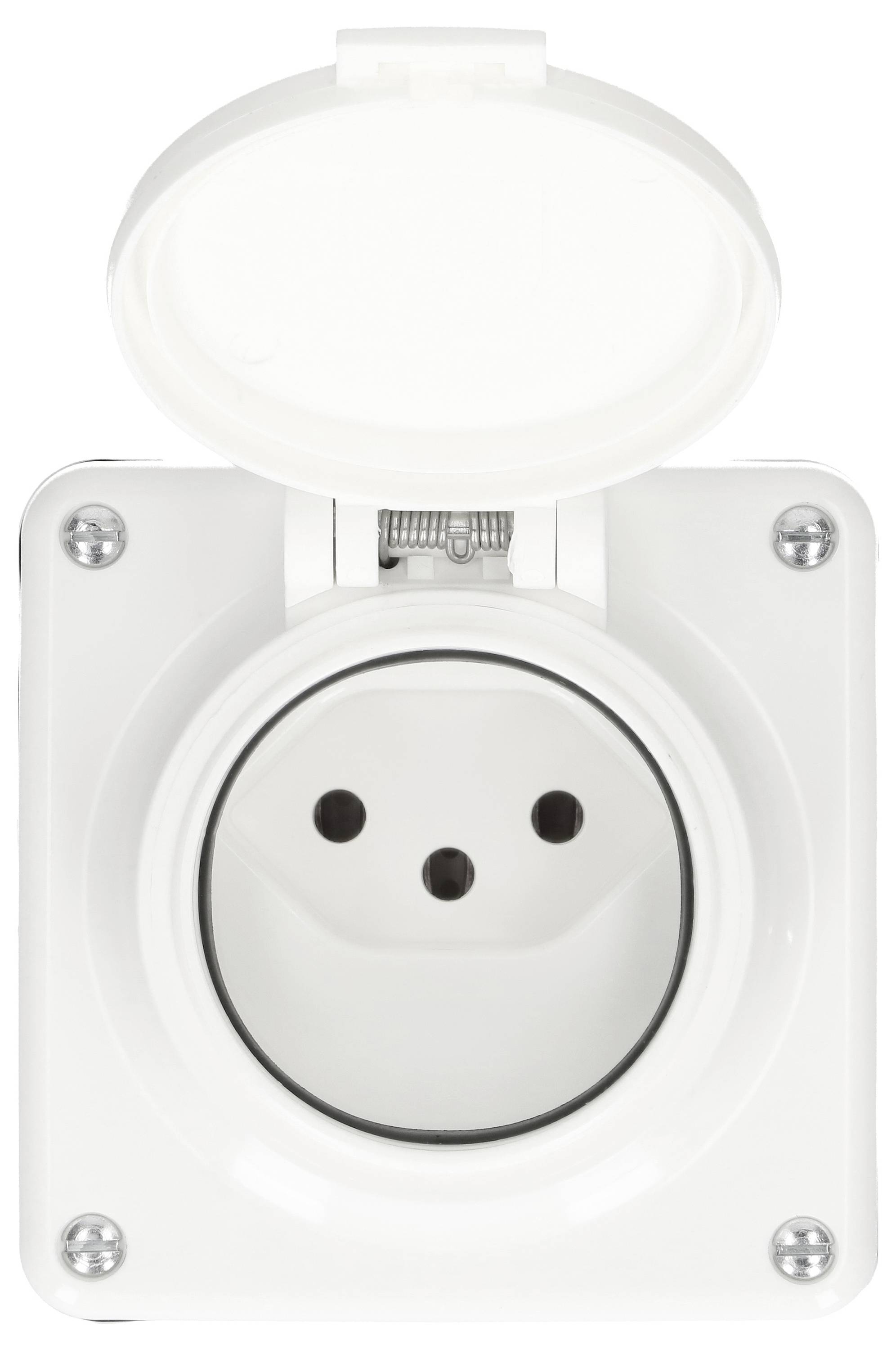 Eine weiße Steckdose mit Klappdeckel ist geöffnet, die runden Löcher für Stecker sind sichtbar.