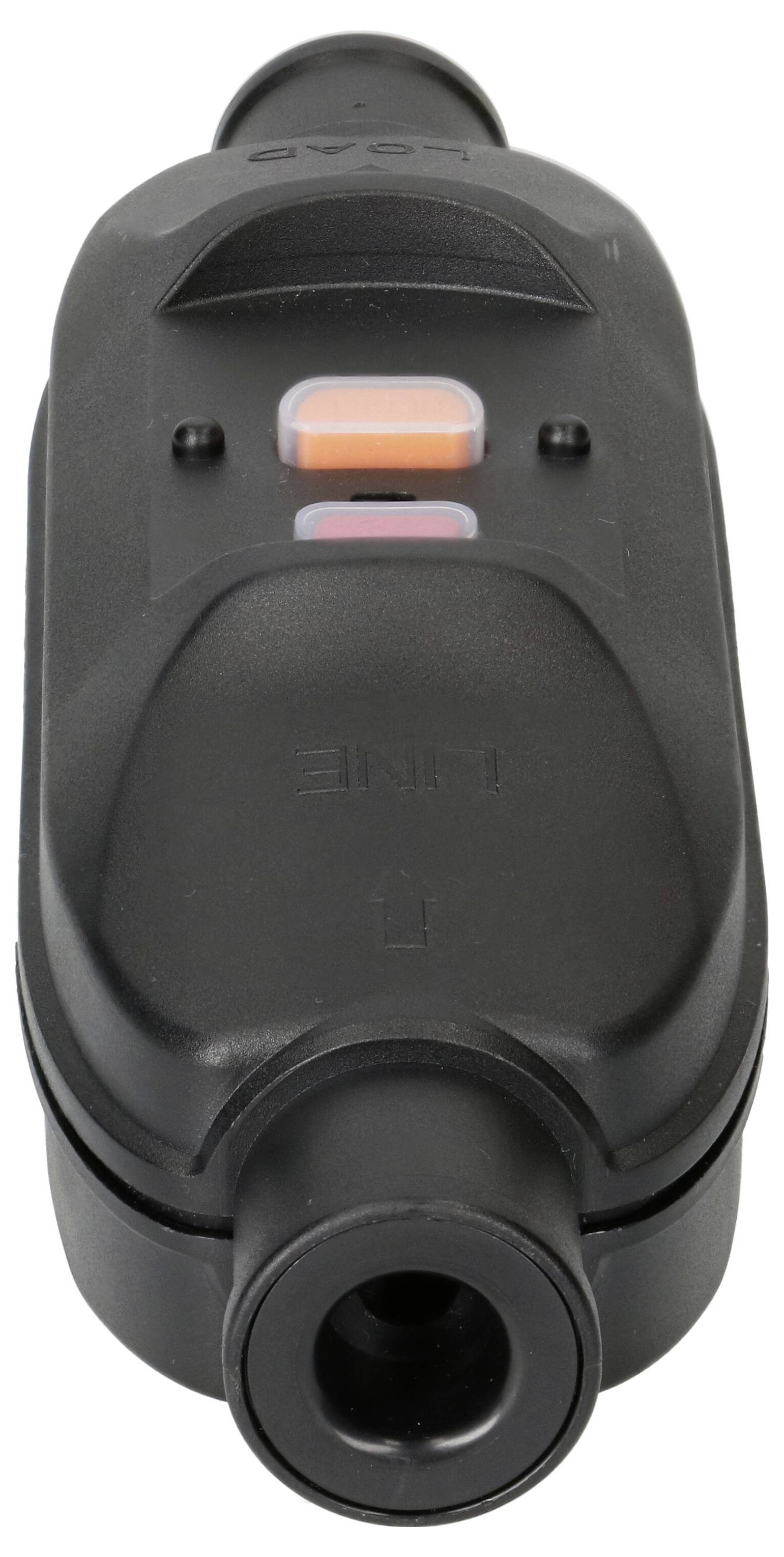 Schwarzes elektronisches Gerät mit orangefarbenen Knöpfen und seitlichem Display. Es scheint ein Entfernungsmesser oder ähnliches Gerät zu sein.
