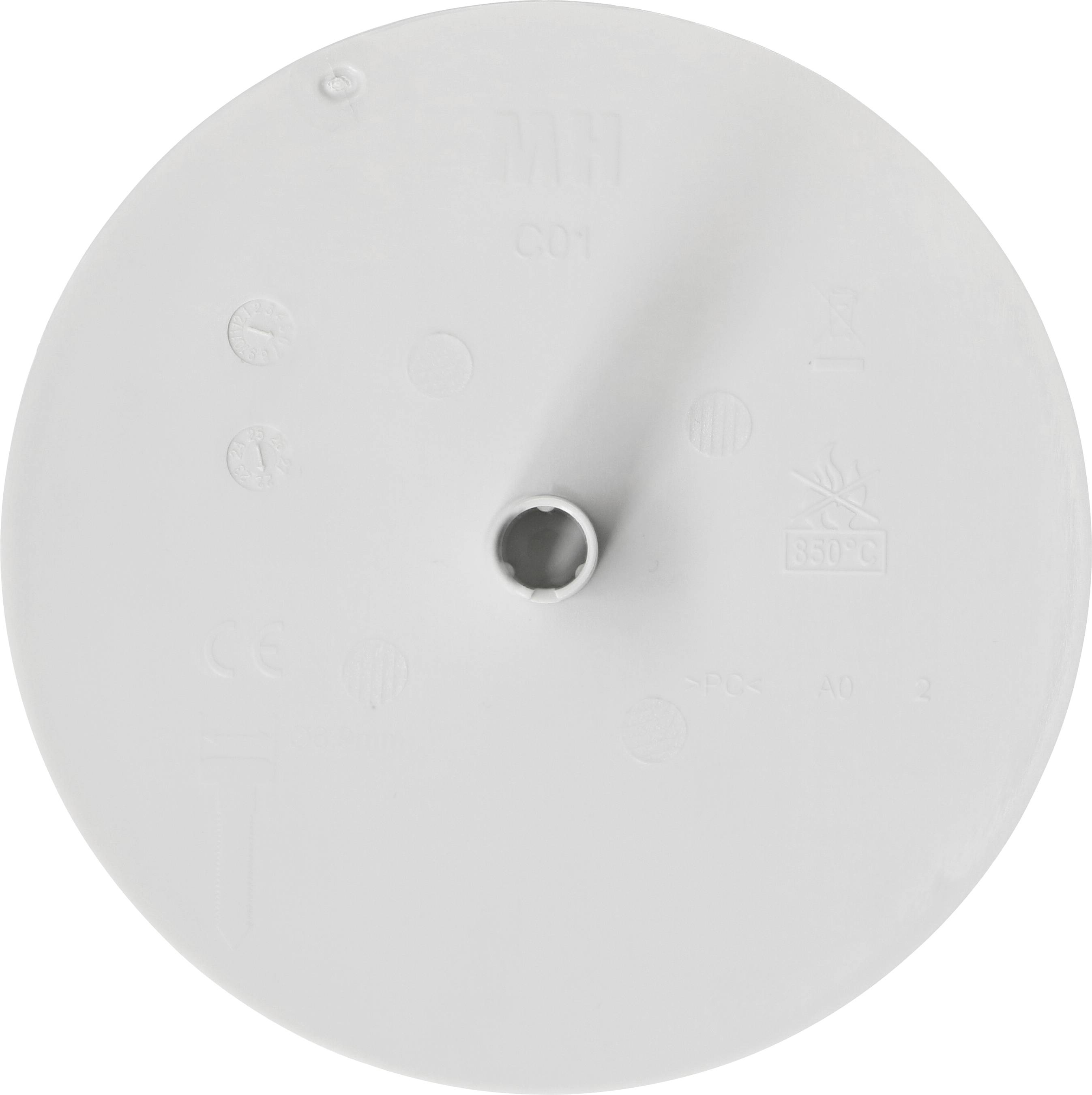 Weißer runder Kunststoff-Deckel mit zentralem Loch, einige Symbole und Markierungen sichtbar.