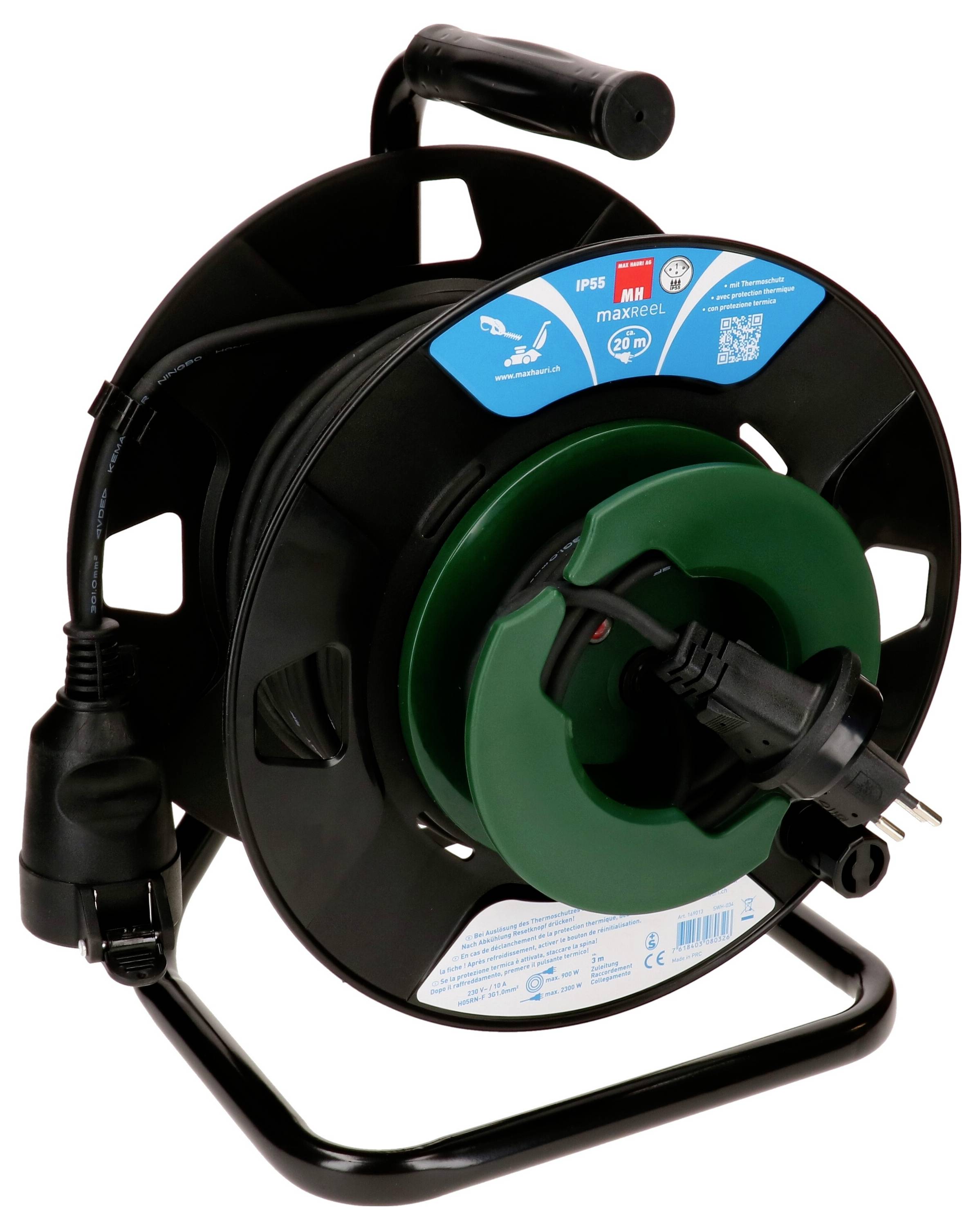 Ein schwarzes Kabel auf einer grünen Kabeltrommel mit einem Griff zum einfachen Transport. Geeignet für den Einsatz im Freien mit IP54-Schutz.
