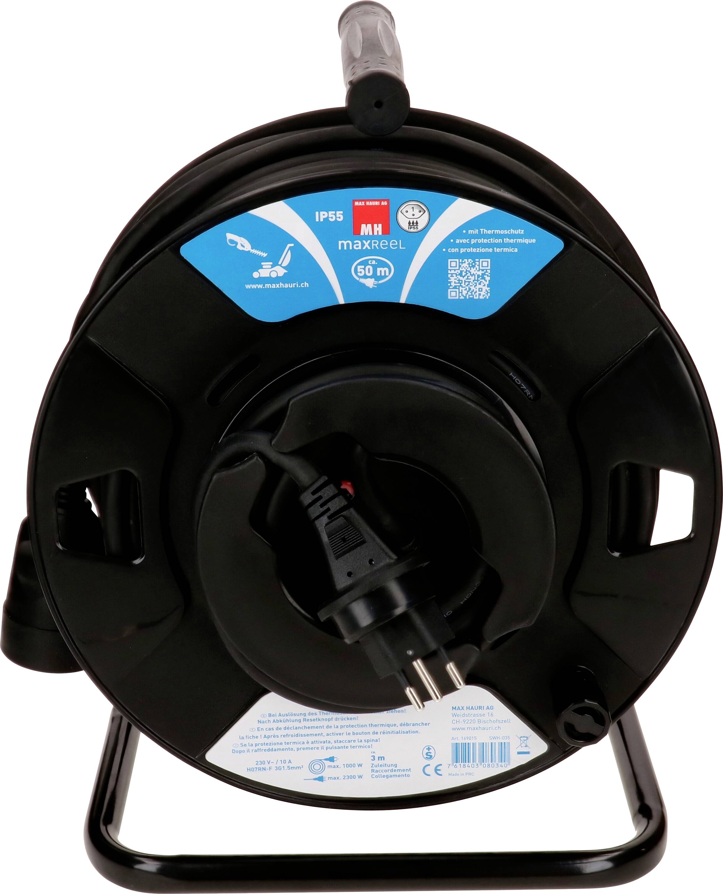 Eine schwarze Kabeltrommel mit 50 m Kabellänge und Schutzart IP55, geeignet für Außenbereiche. Auf der Trommel sind technische Spezifikationen erkennbar.