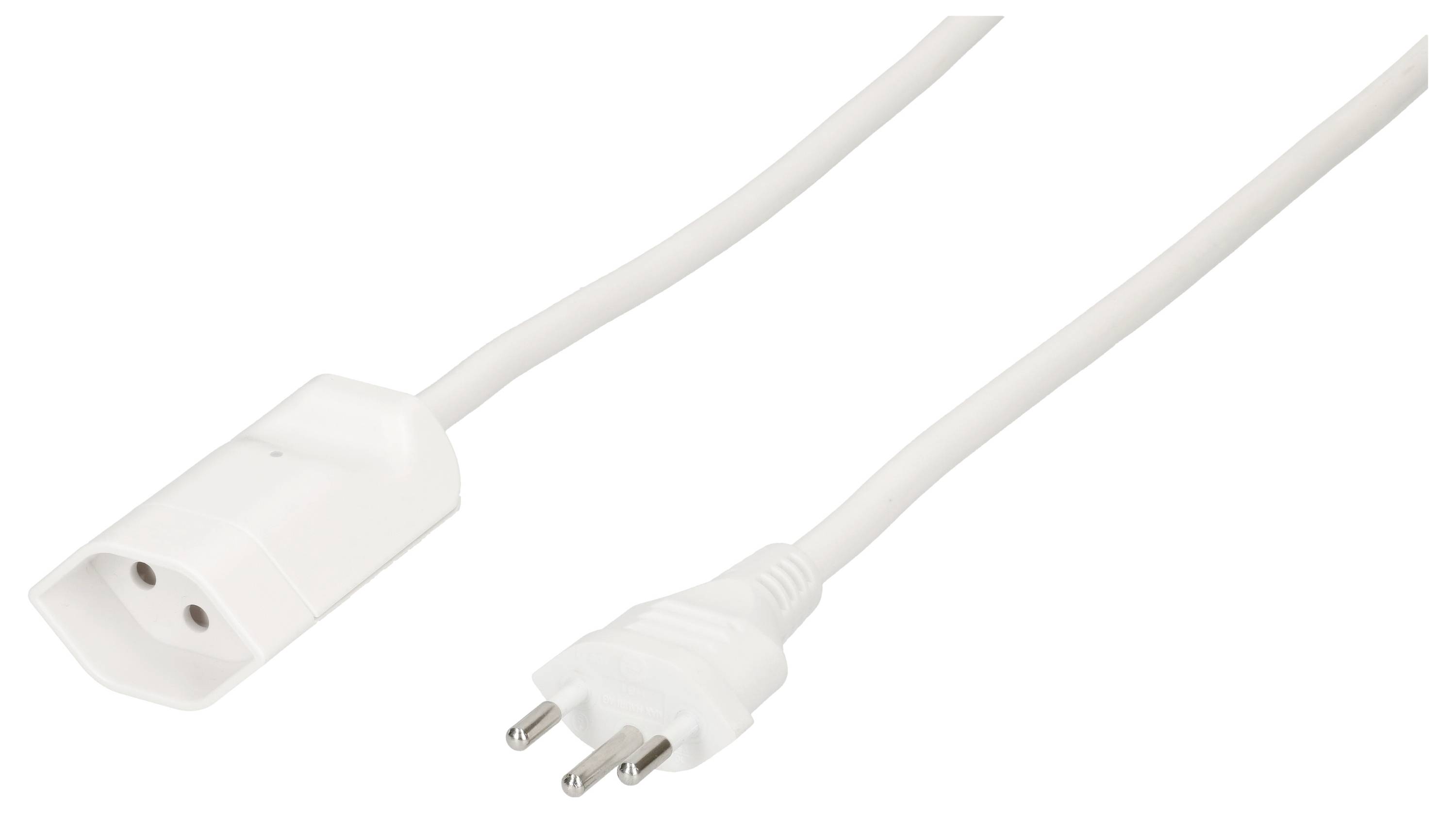 Weiße Stromkabelverlängerung mit Schuko-Stecker und -Buchse, geeignet für Haushaltsgeräte.