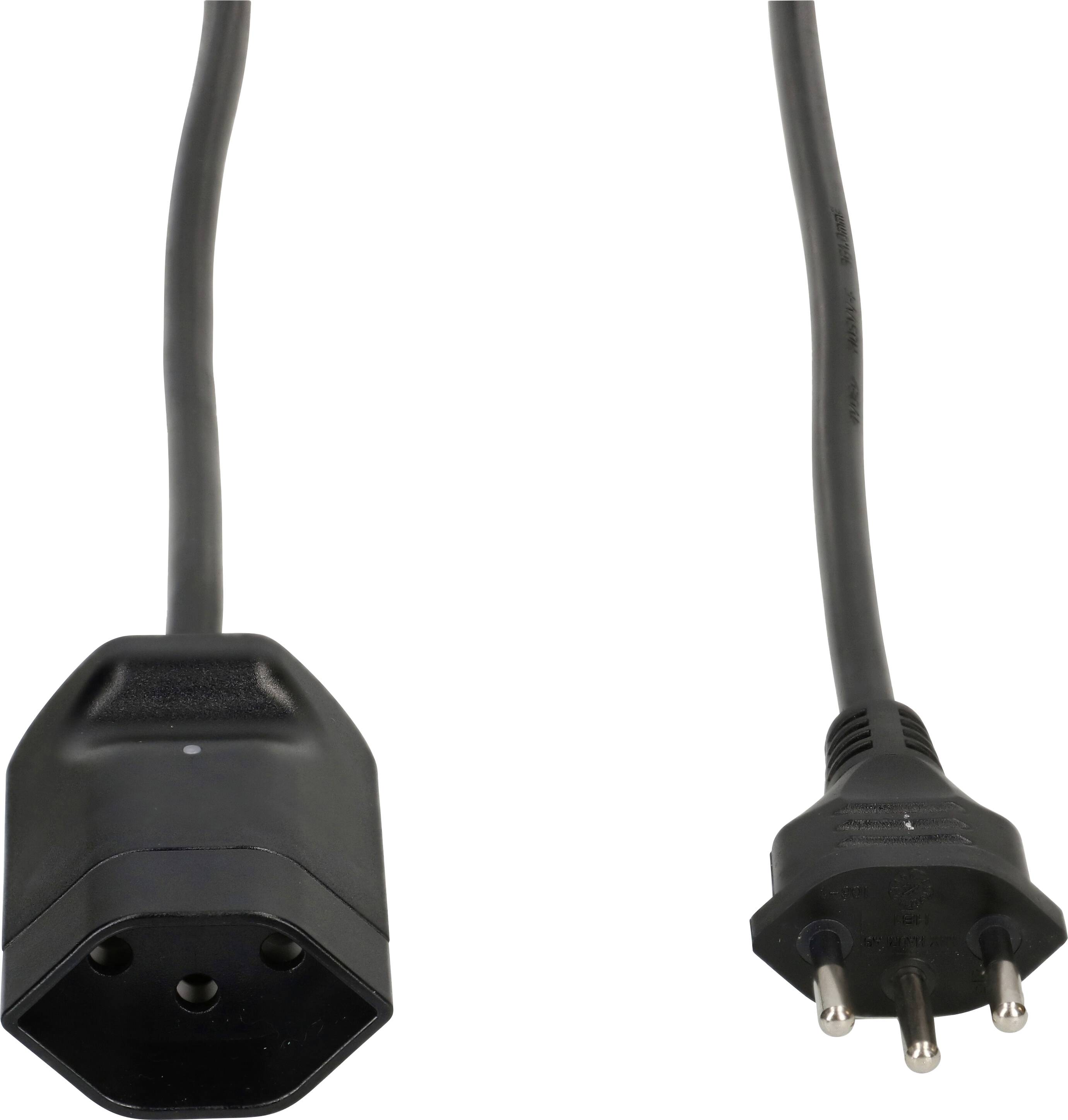 Ein schwarzes Netzkabel mit einem dreipoligen Stecker und einer Buchse.