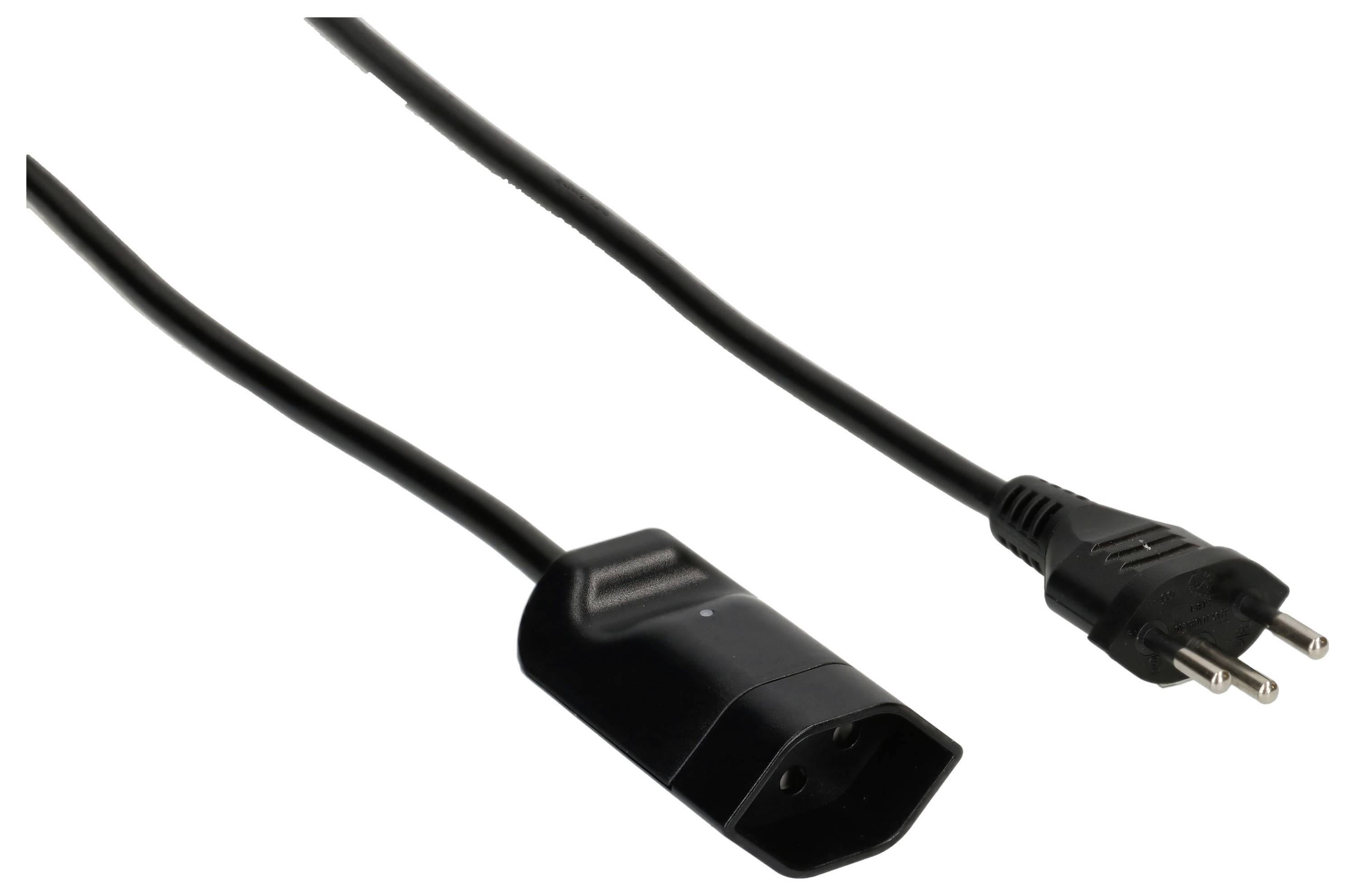 Schwarzes Netzkabel mit Stecker und Buchse. Der Stecker hat zwei Metallstifte, die Buchse ist schwarz und rechteckig.