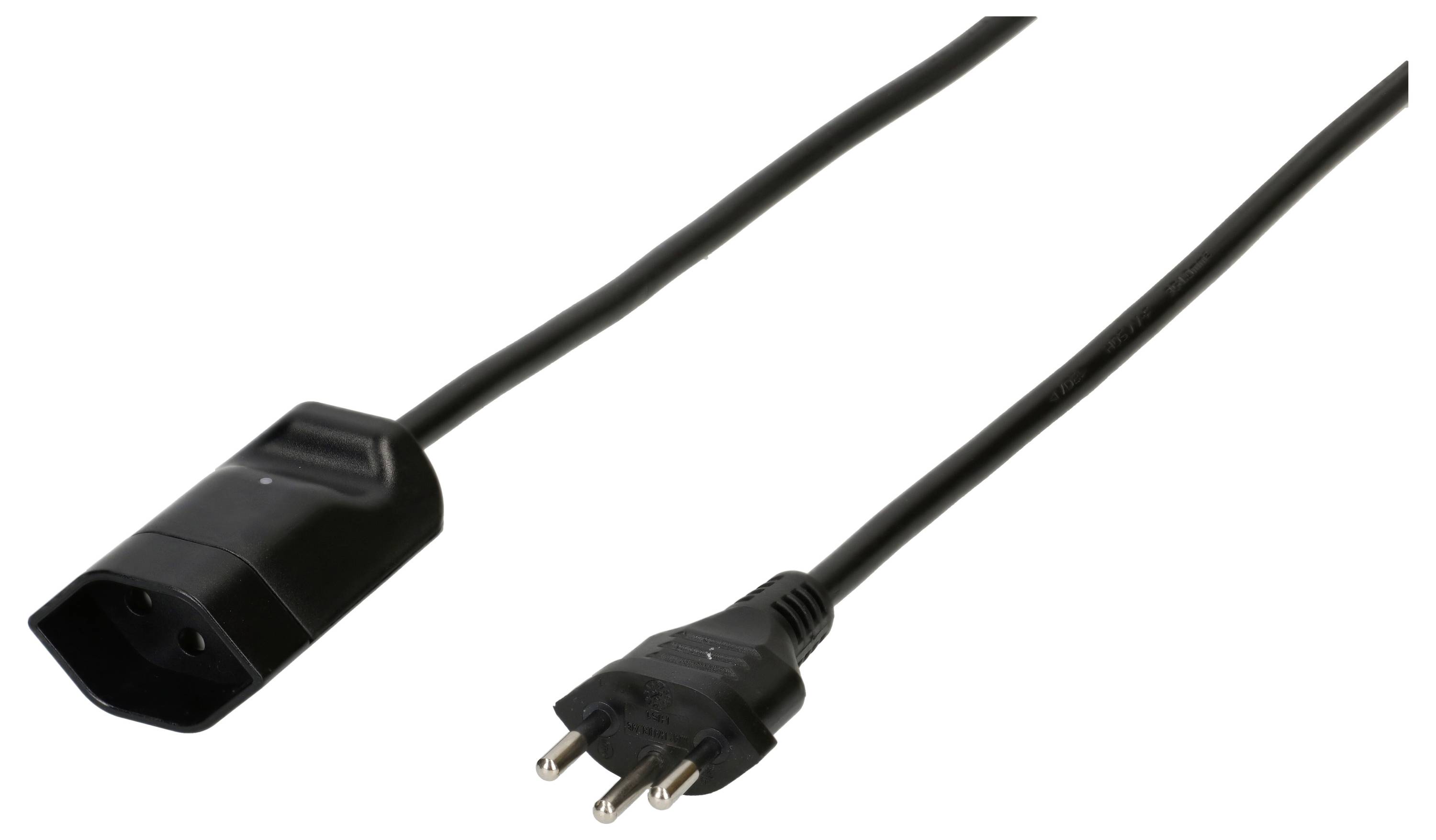 Schwarzes Stromkabel mit drei-poligem Stecker und Buchse, geeignet für elektronische Geräte.