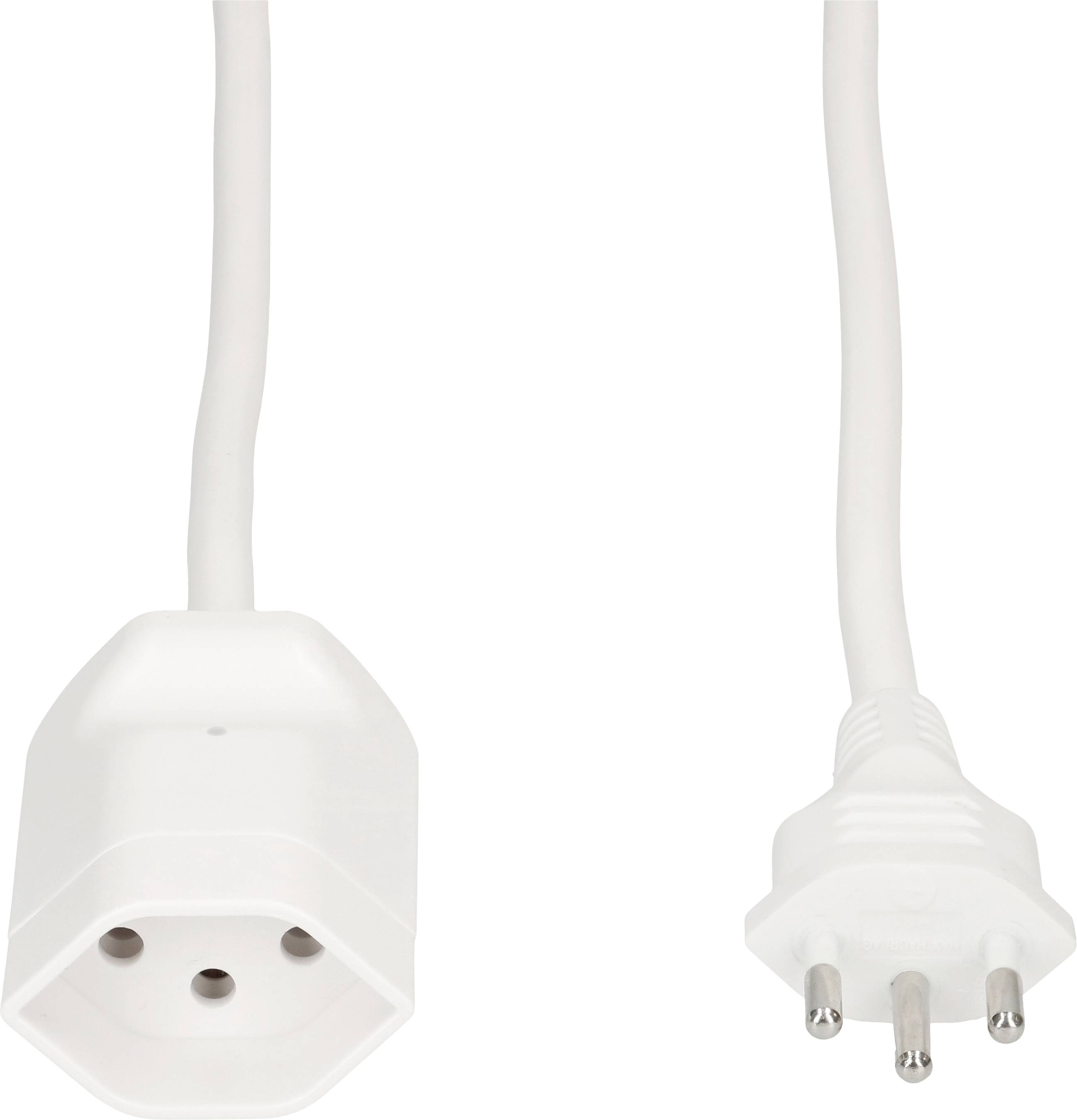 Zwei weiße Stromkabel: links eine Buchse mit drei Löchern, rechts ein Stecker mit drei Stiften.