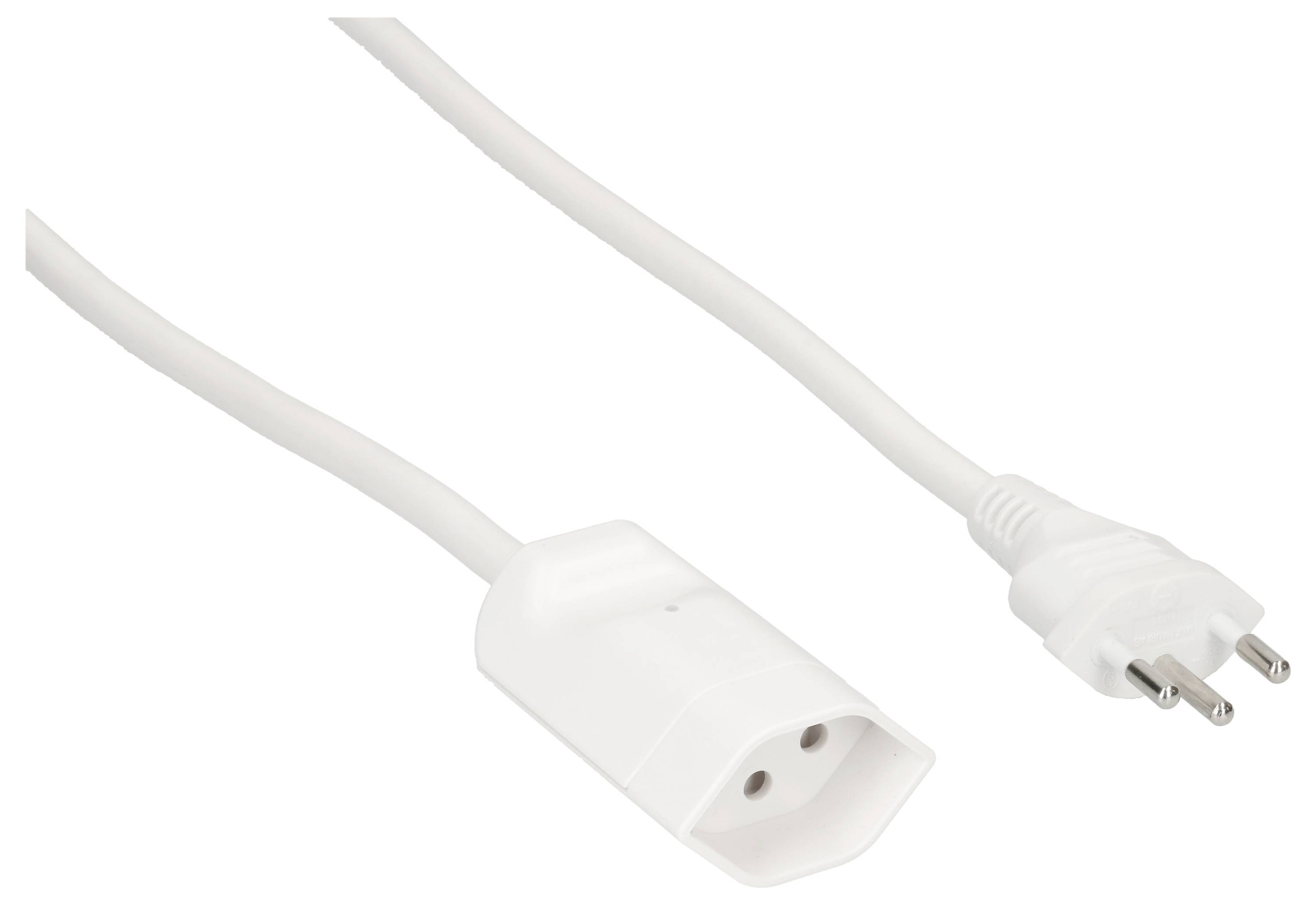 Ein weißes Verlängerungskabel mit einem zweipoligen Stecker und einer zweipoligen Steckdose, bereit zur Stromverbindung.