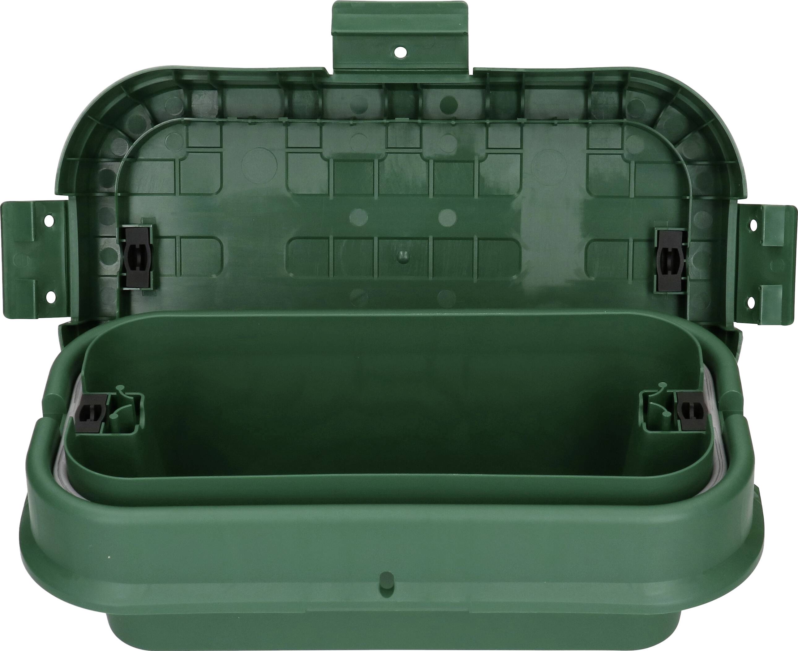 Ein grüner Futternapf mit aufklappbarem Deckel, ideal für Outdoor-Tierfütterung. Robust und wetterbeständig.