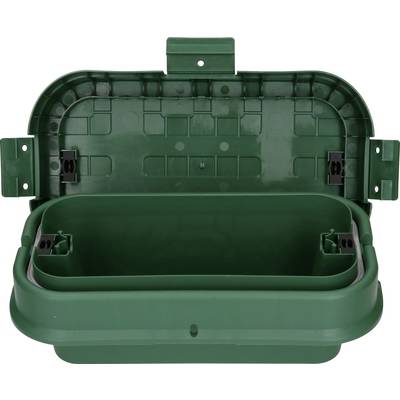 Ein grüner Futternapf mit aufklappbarem Deckel, ideal für Outdoor-Tierfütterung. Robust und wetterbeständig.