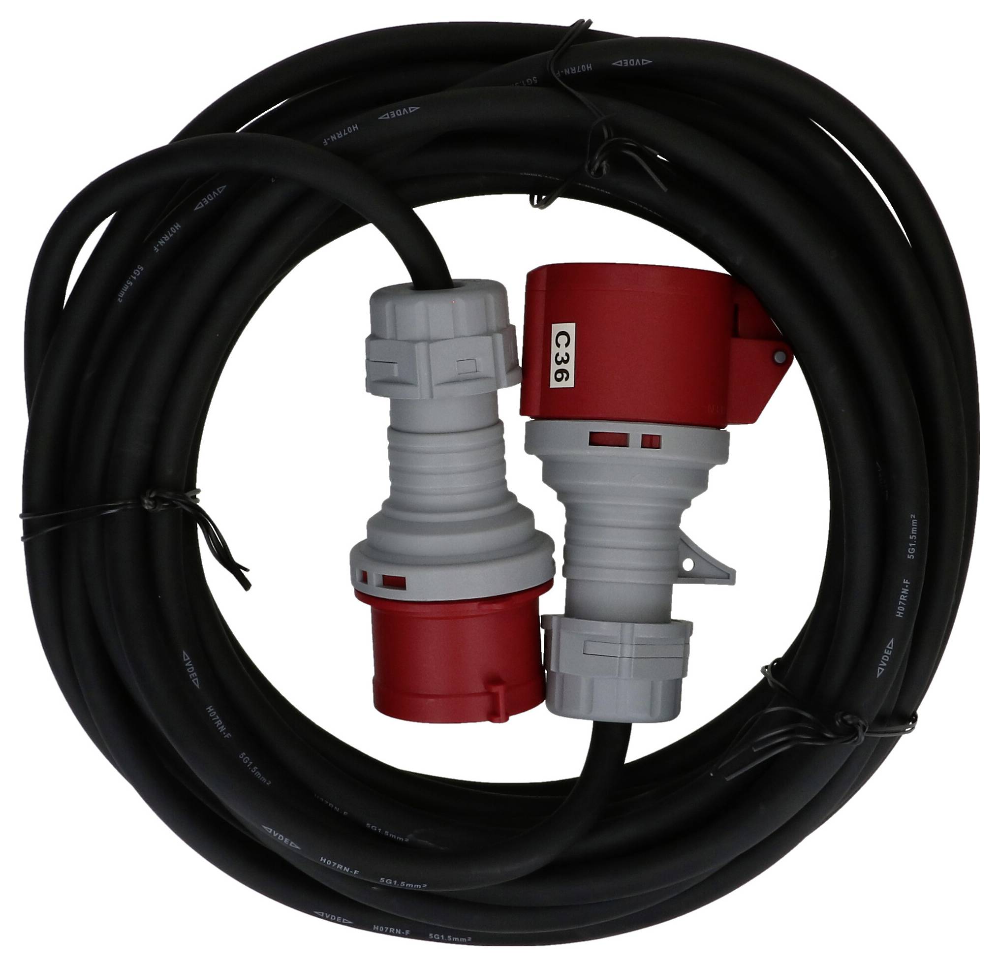 Eine schwarze, aufgerollte Stromkabeltrommel mit rotem und grauem Steckeradapter. Geeignet für industrielle Anwendungen.