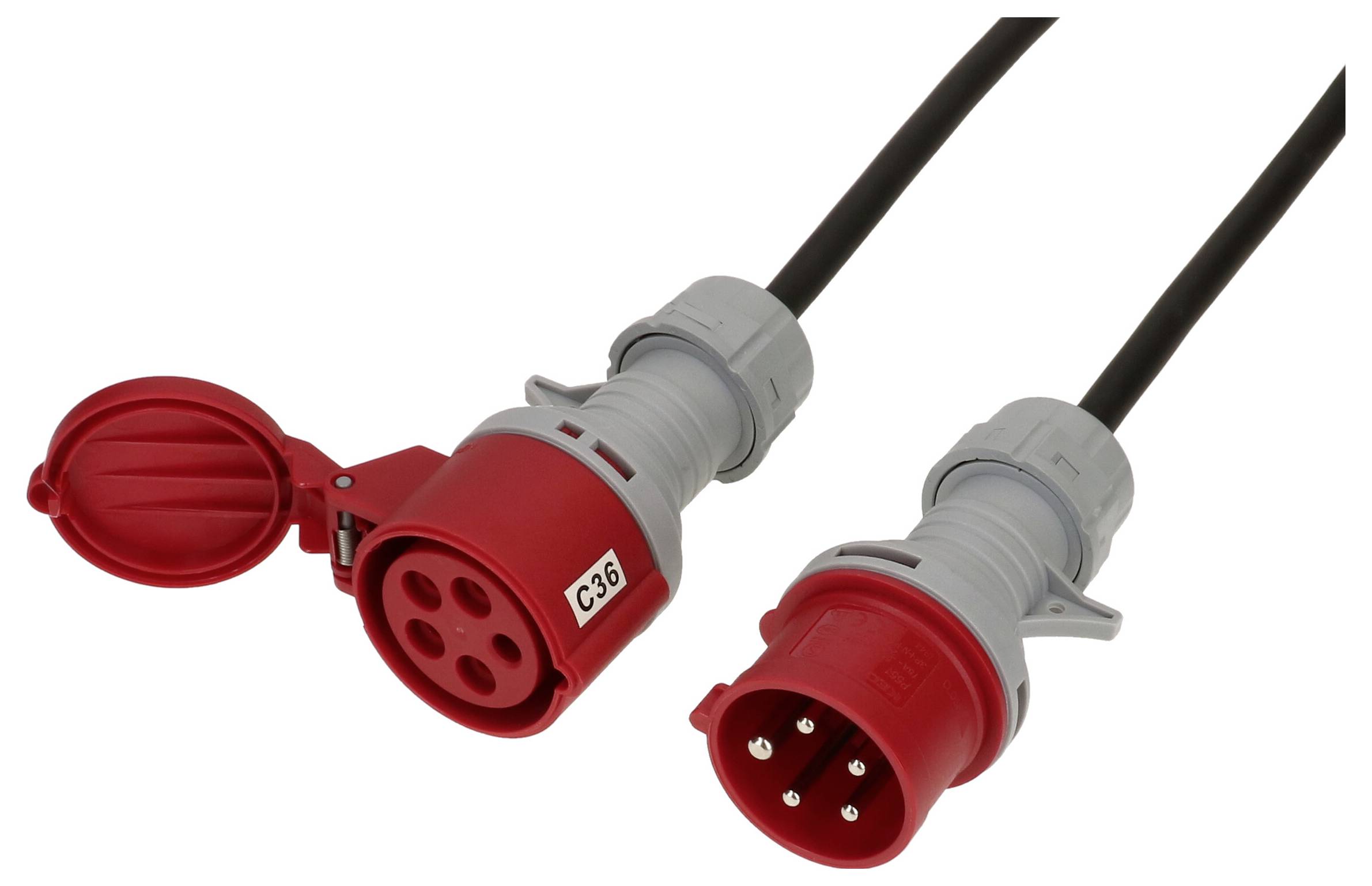 Zwei rote CEE-Stecker mit grauen Kabeln. Einer zeigt eine geöffnete Schutzkappe mit Buchsen, der andere zeigt die dazu passenden Stifte.