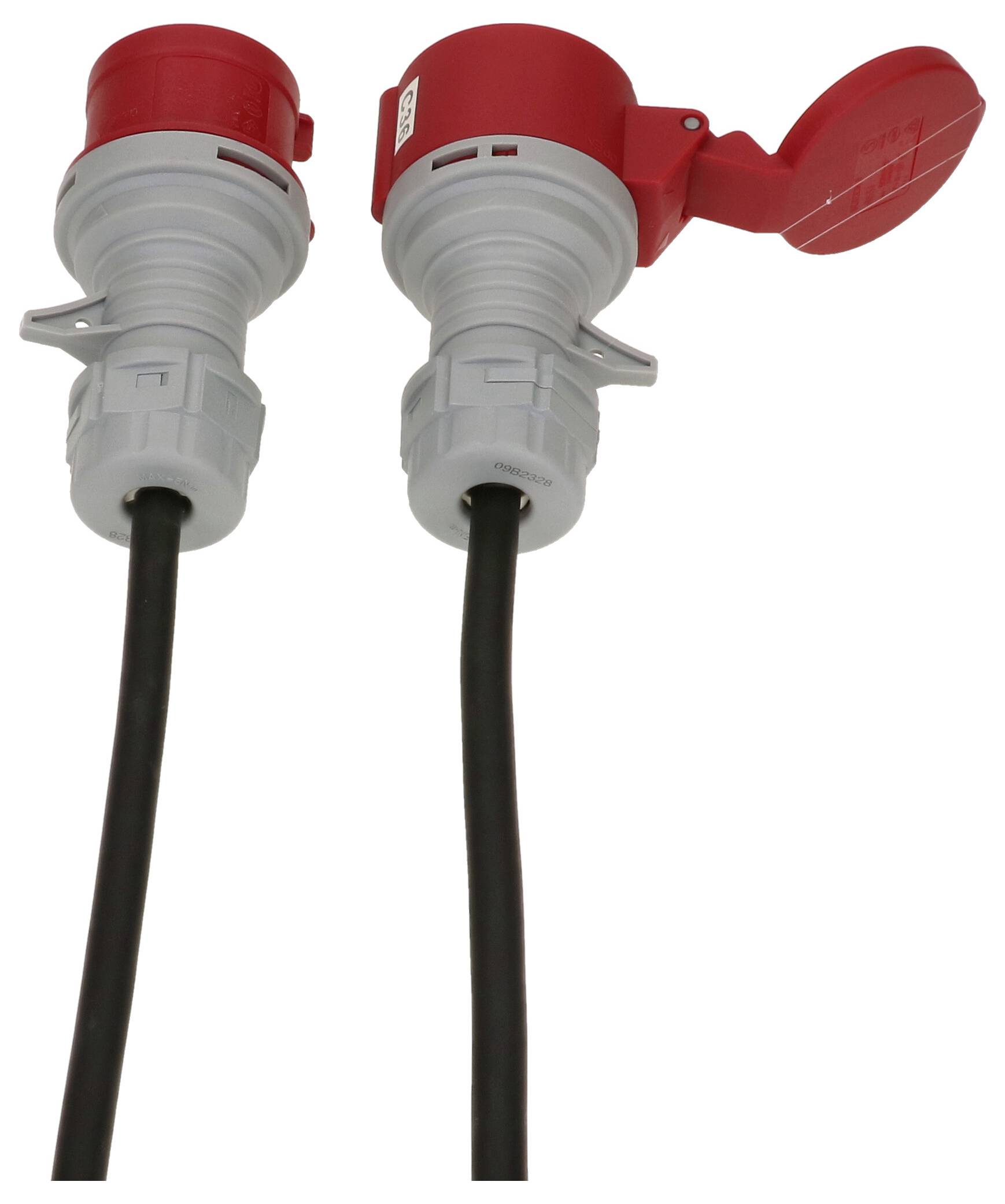 Zwei rote und graue elektrische Stecker mit schwarzen Kabeln; der rechte Stecker hat eine Abdeckung, die offen ist.