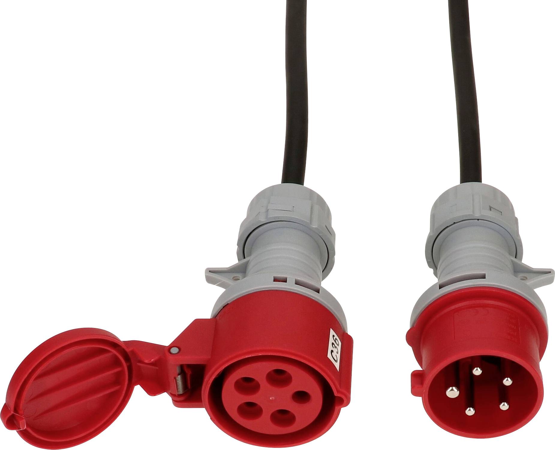Ein roter CEE-Stecker und eine passende CEE-Buchse, beide mit schwarzem Kabel, für industrielle Stromverbindungen.