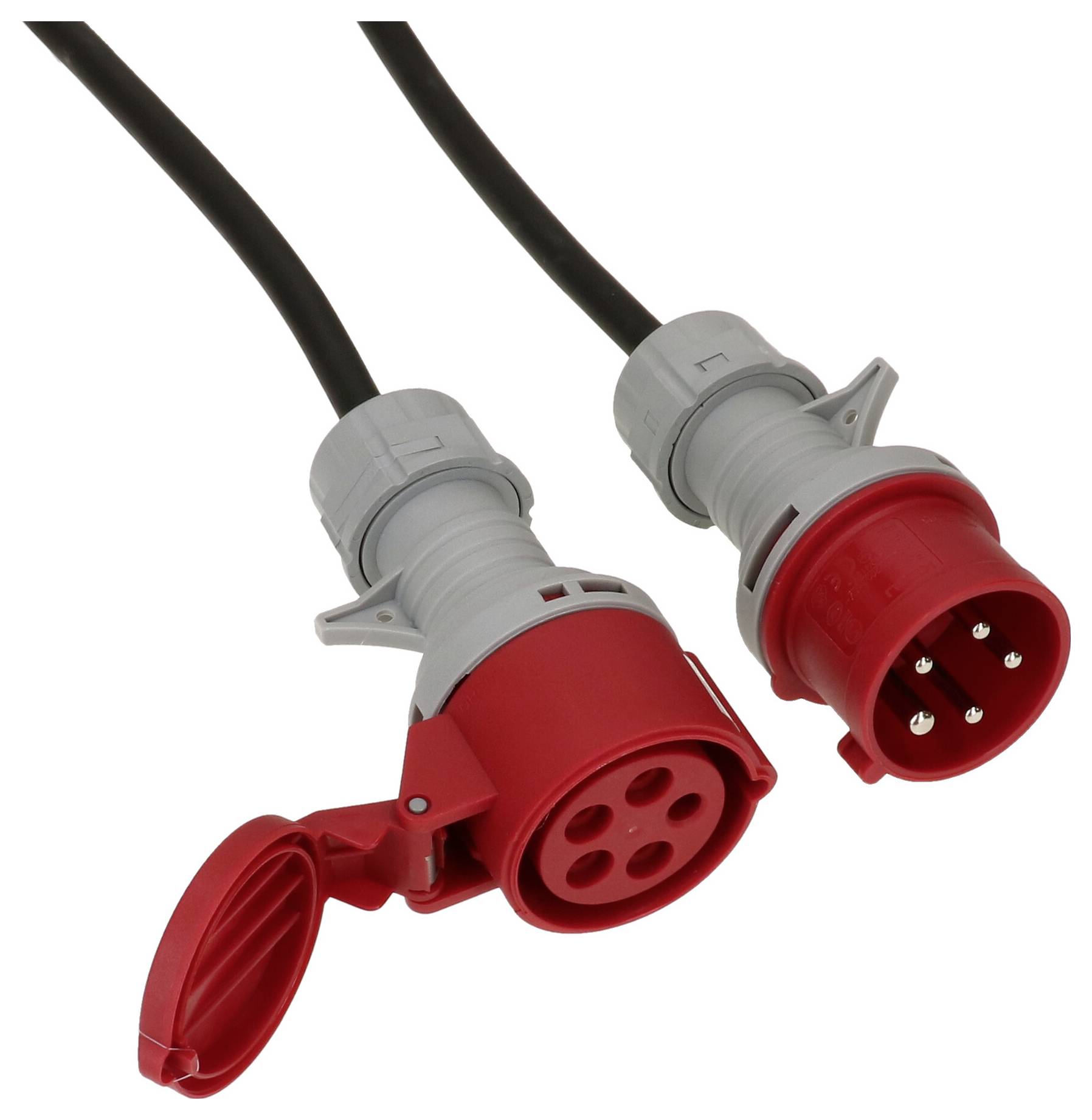 Zwei rote elektrische Stecker und Buchse, verbunden durch schwarze Kabel. Der Stecker hat sechs Stifte und wird oft in Industrieanwendungen genutzt.