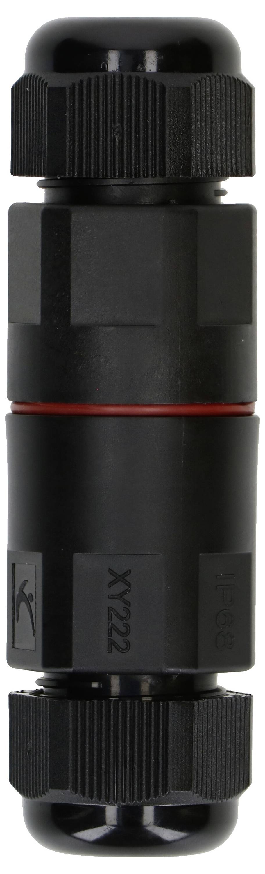 Schwarzer Kabelverbinder mit geriffeltem Gewinde und rotem Ring in der Mitte, für wasserdichte elektrische Verbindungen.