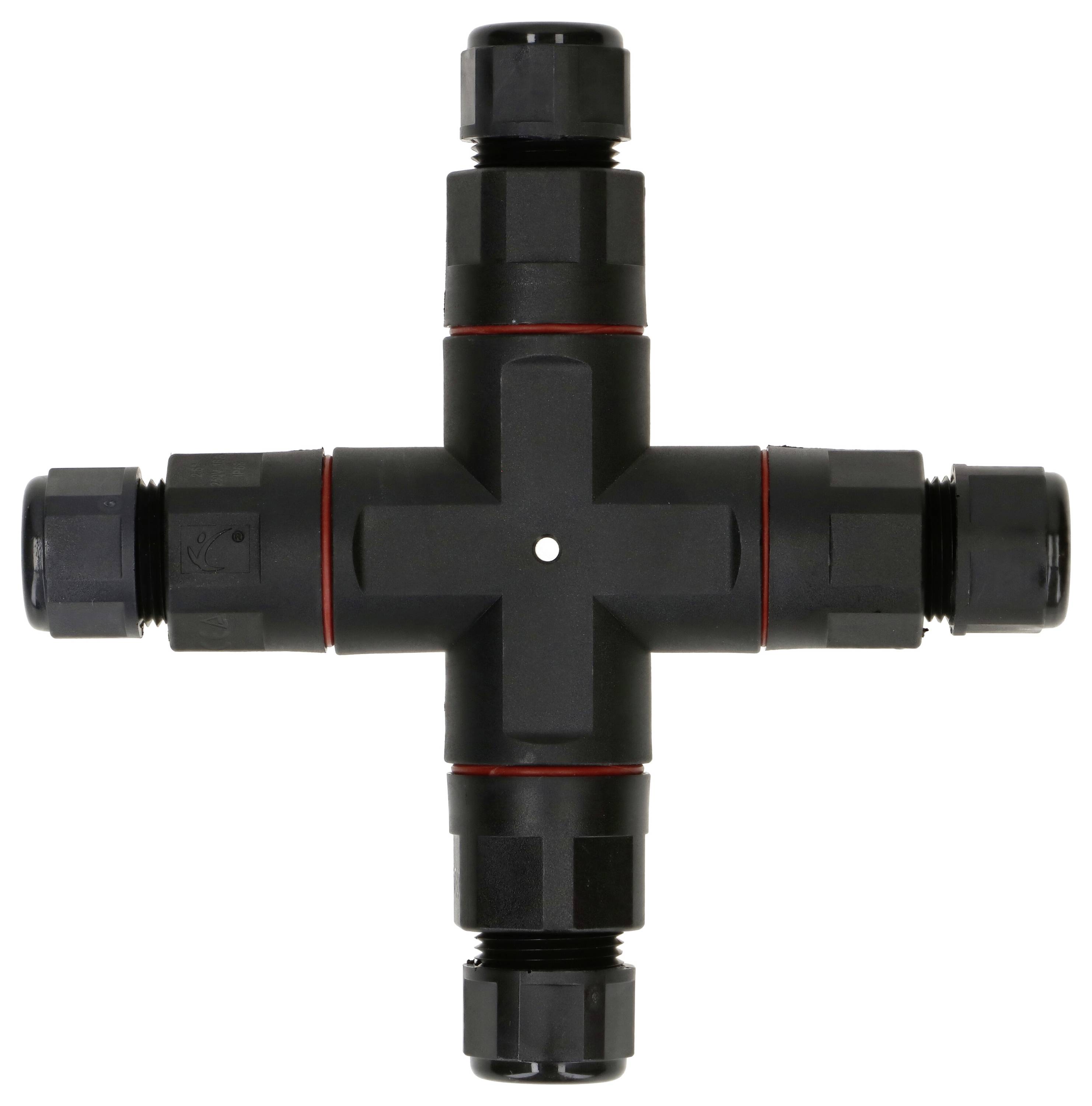 Ein schwarzer, kreuzförmiger Wasserrohradapter mit roten Linien und vier Anschlüssen.