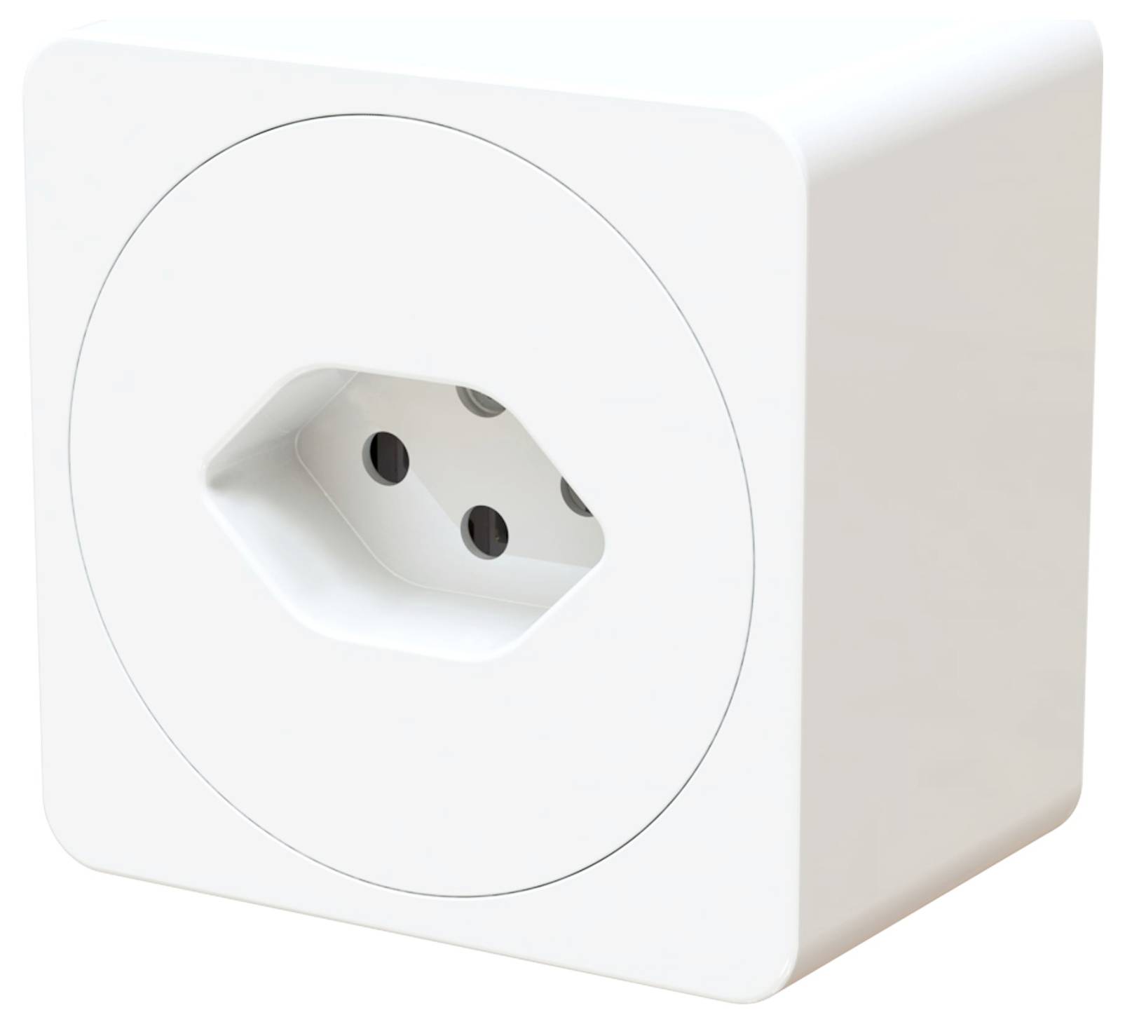 Ein weißer, moderner Universaladapter mit sechseckigem Anschlussmuster und integrierter Steckdose, geeignet für europäische Stecker.