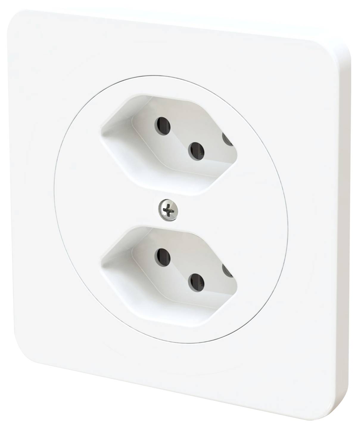 Eine weiße Doppelsteckdose mit abgerundeten Ecken, geeignet für europäische Standardstecker.