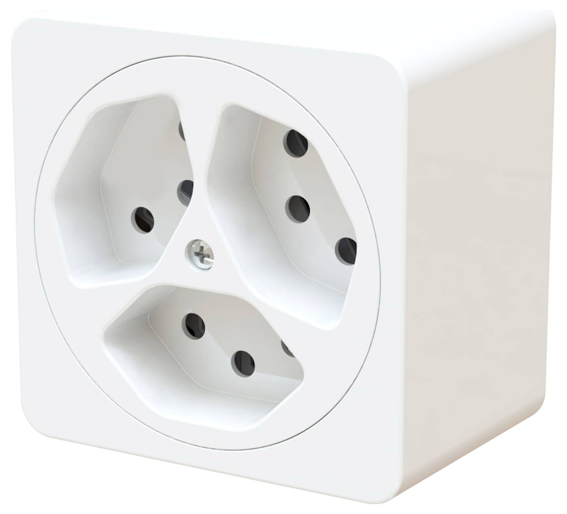 Mehrfachsteckdose in weißem Gehäuse mit drei runden Steckplätzen für elektrische Anschlüsse. Ideal für mehrere Geräte.