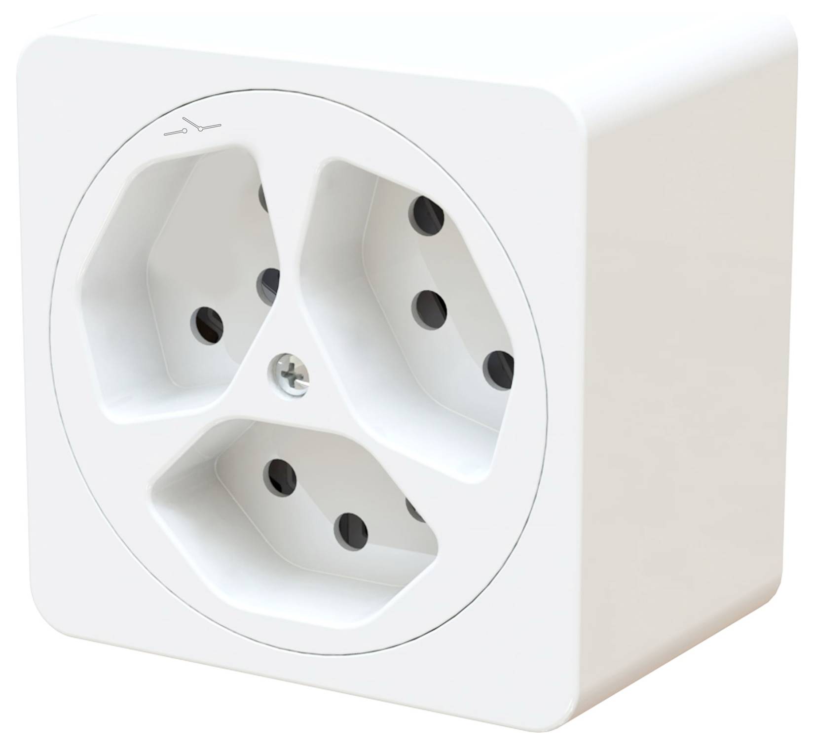 Eine weiße, dreifach Steckdose mit hexagonalen Öffnungen, geeignet für mehrere Stecker gleichzeitig. Design ist kompakt und platzsparend.