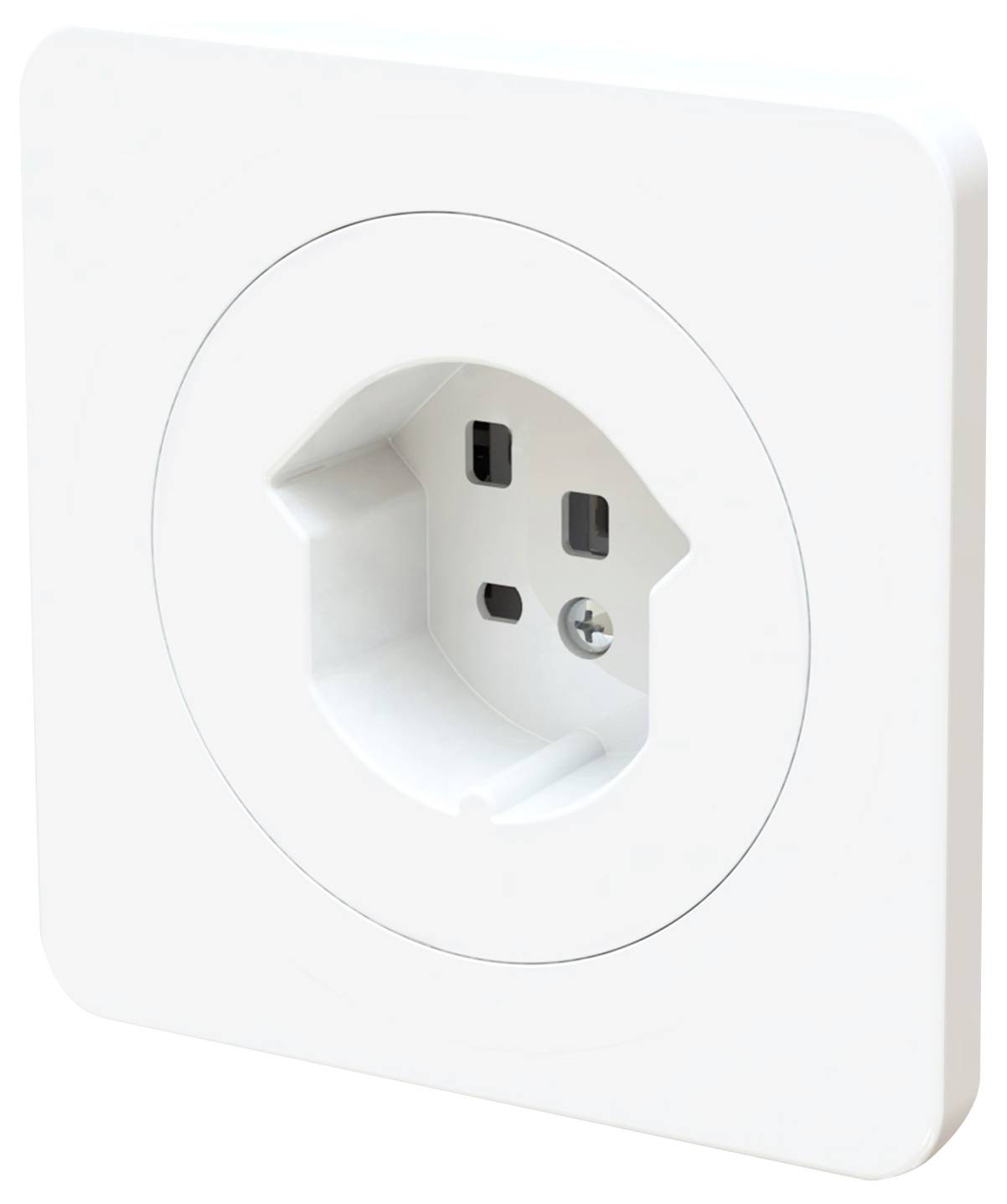 Weiße Steckdose an einer Wand, europäischer Standard mit drei Öffnungen für Stifte, geeignet für den Anschluss elektrischer Geräte.
