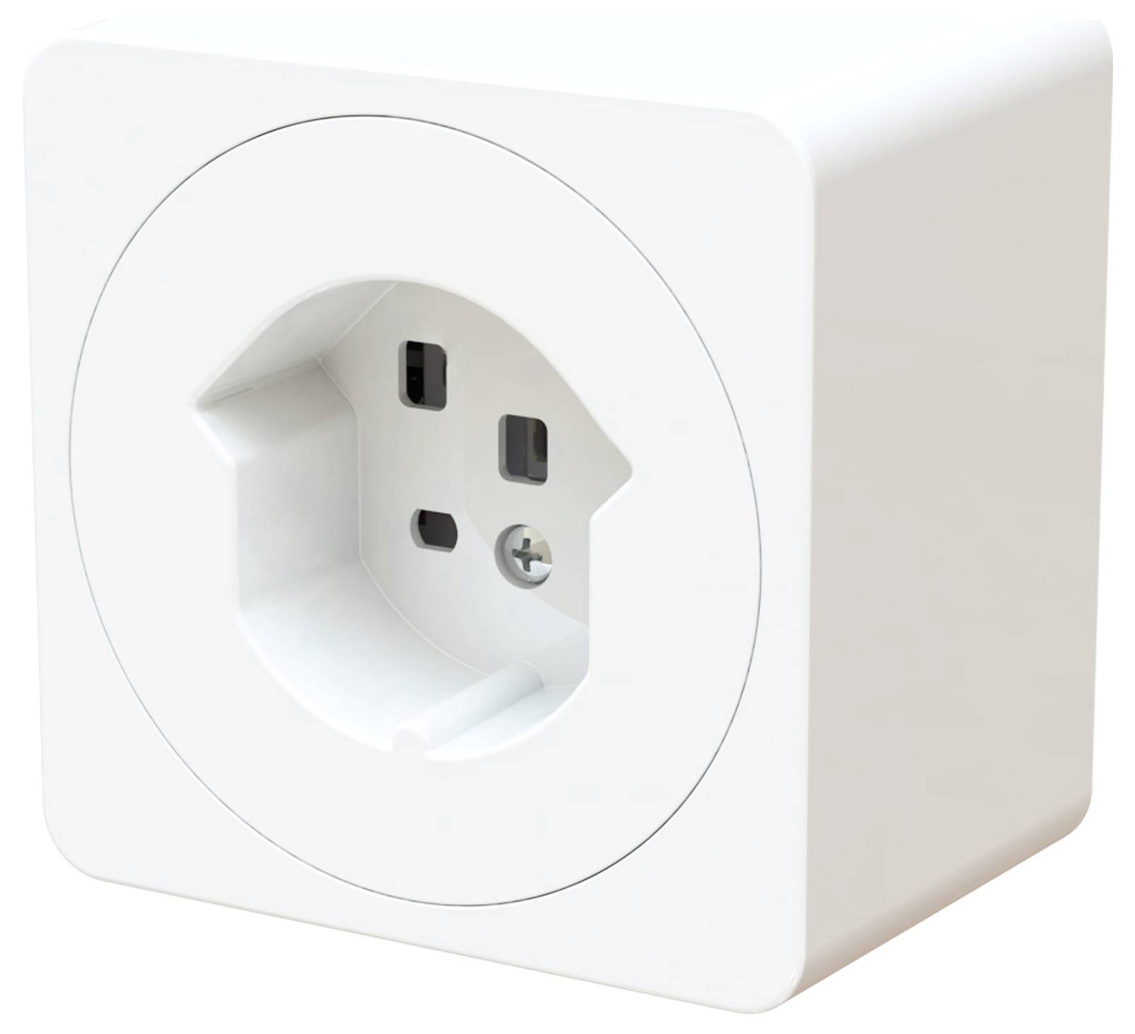 Weiße Steckdose mit quadratischem Design und mittigem Loch für Stecker, geeignet für europäische Stecker.