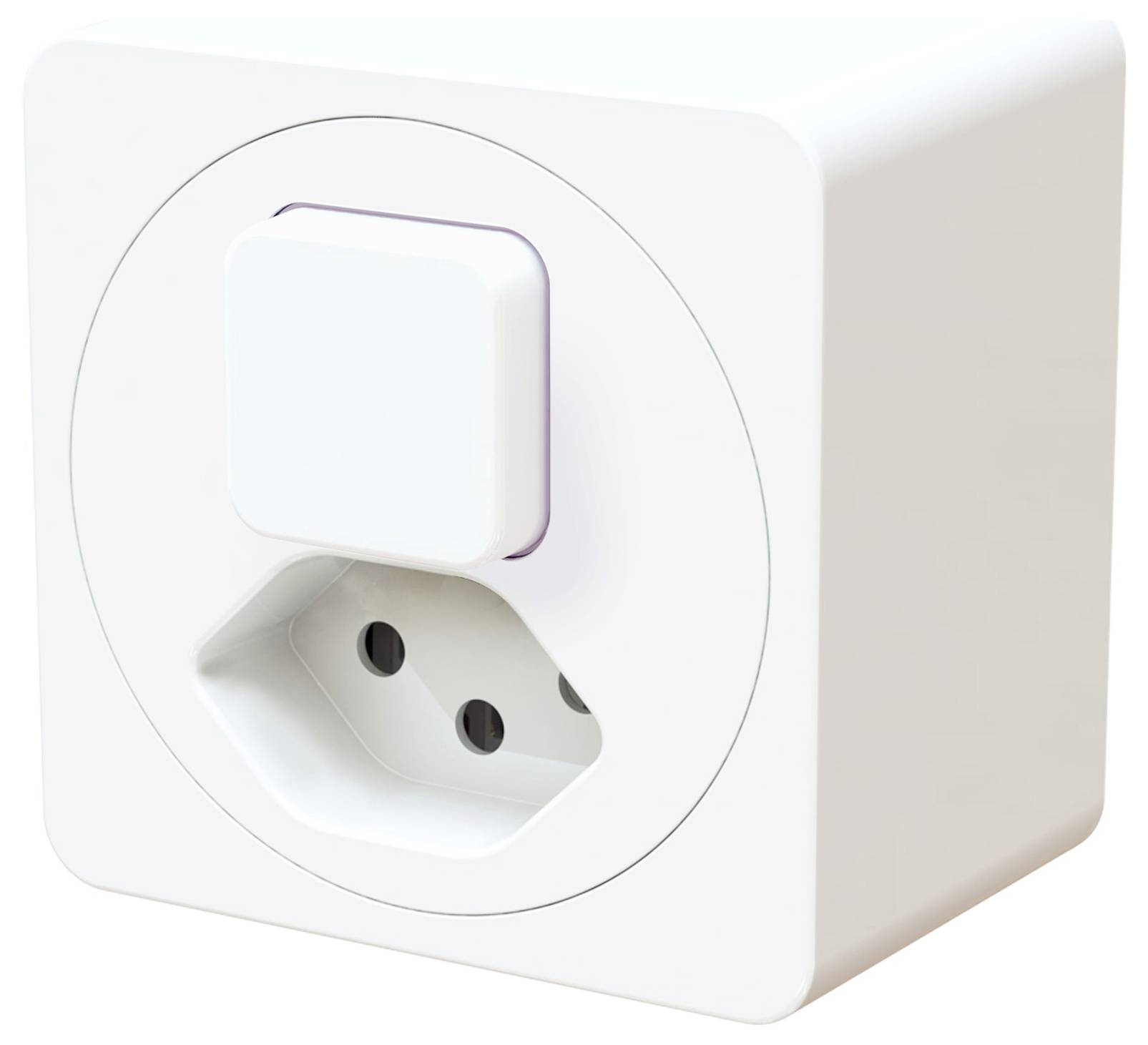 Ein weißer, quadratischer Adapter mit einer europäischen Steckdose und Schutzkontakten, geeignet für die Verwendung in verschiedenen Steckdosen.