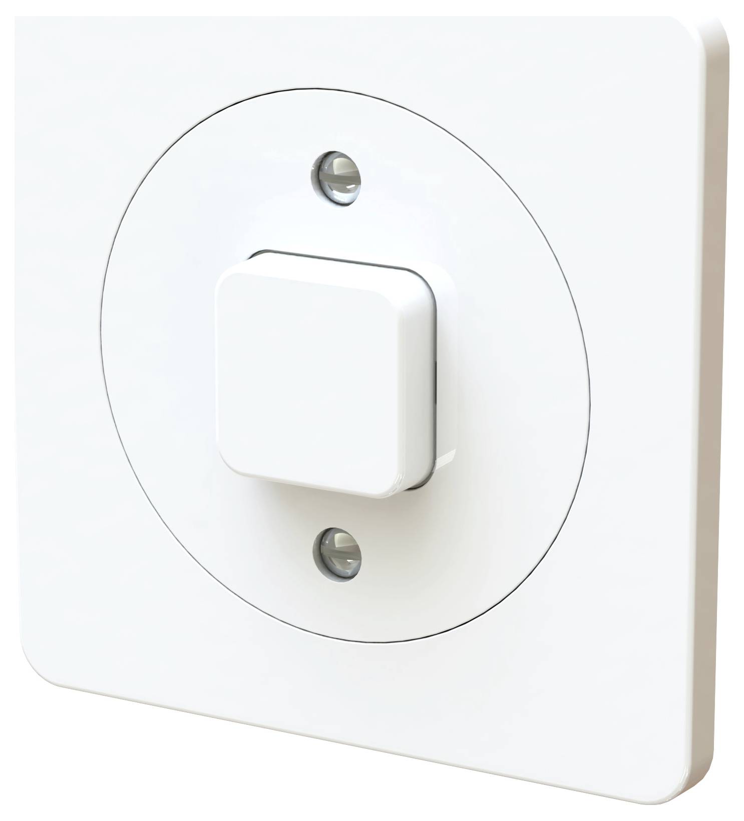 Ein weißer Lichtschalter an einer Wand, umgeben von einem quadratischen Rahmen. Schlichtes Design, geeignet für moderne Innenräume.