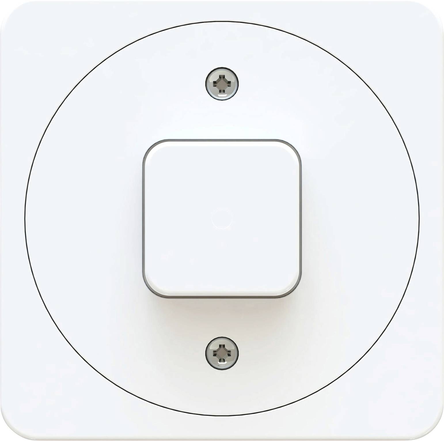 Ein quadratischer, weißer Lichtschalter mit abgerundeten Ecken, montiert auf einer hellen Wand.