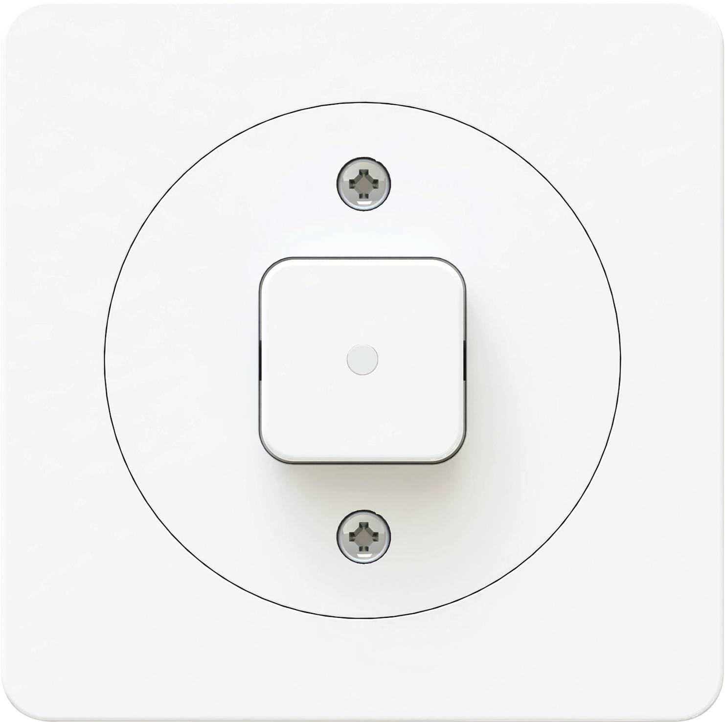 Lichtschalter mit rundem Rahmen und quadratischer Taste, montiert an der Wand.