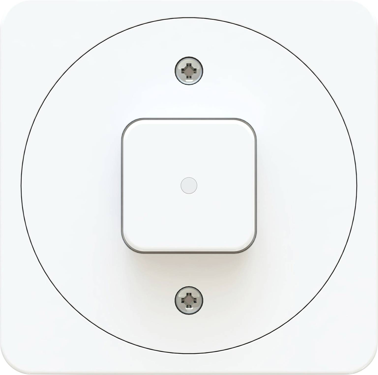 Ein quadratischer, weißer Lichtschalter mit runder Vertiefung auf einer glatten Oberfläche, zwei Schrauben sichtbar.