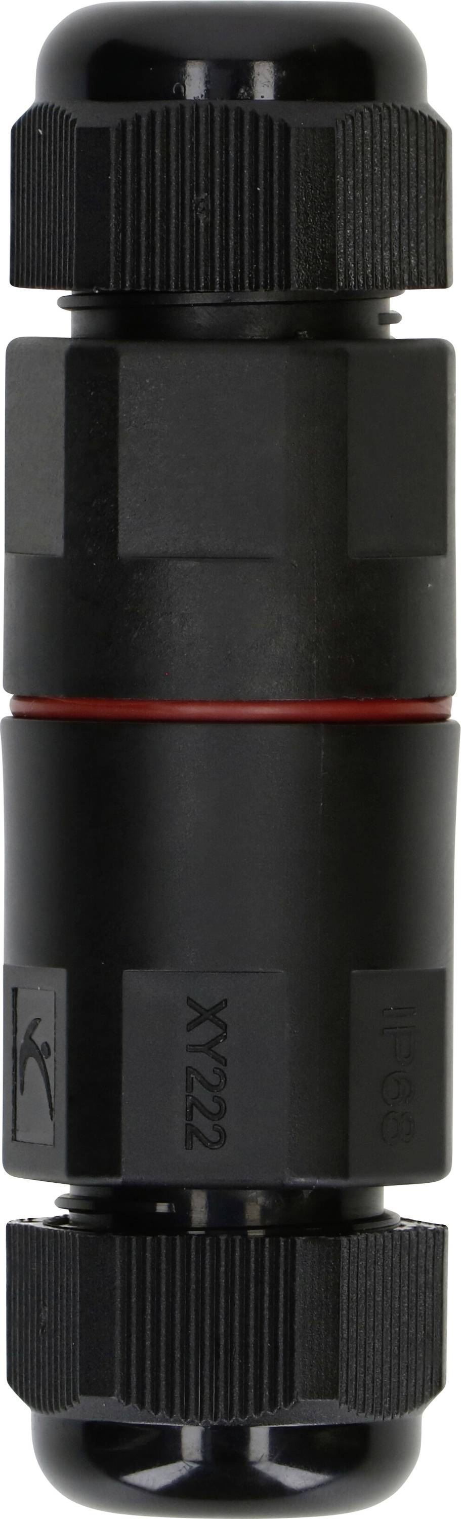 Schwarzer, zylindrischer, wasserdichter Kabelverbinder mit Schraubverschlüssen und rotem Dichtungsring entlang der Mitte.