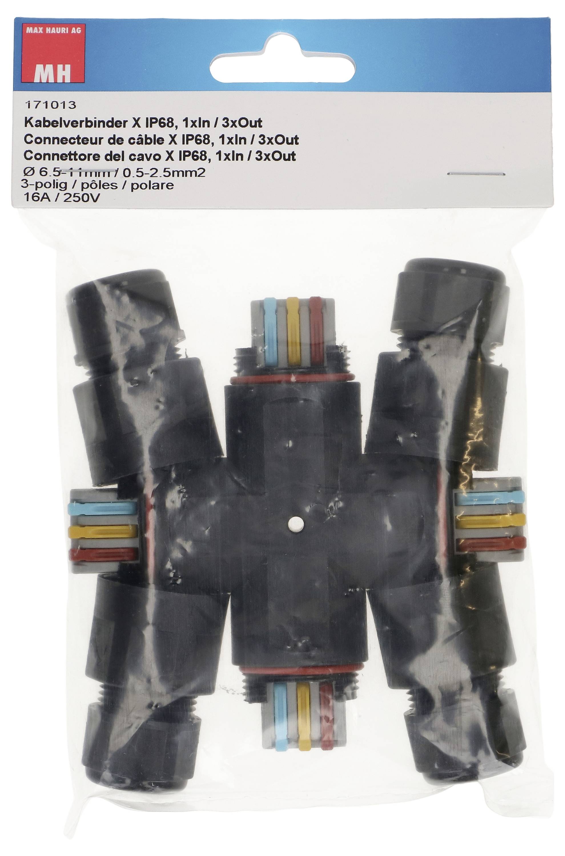 Kabelverbinder mit Schutzart IP68, 1 Eingang und 3 Ausgänge. Für Kabeldurchmesser von 0,5-2,5 mm², 16A/250V. 3-polig.