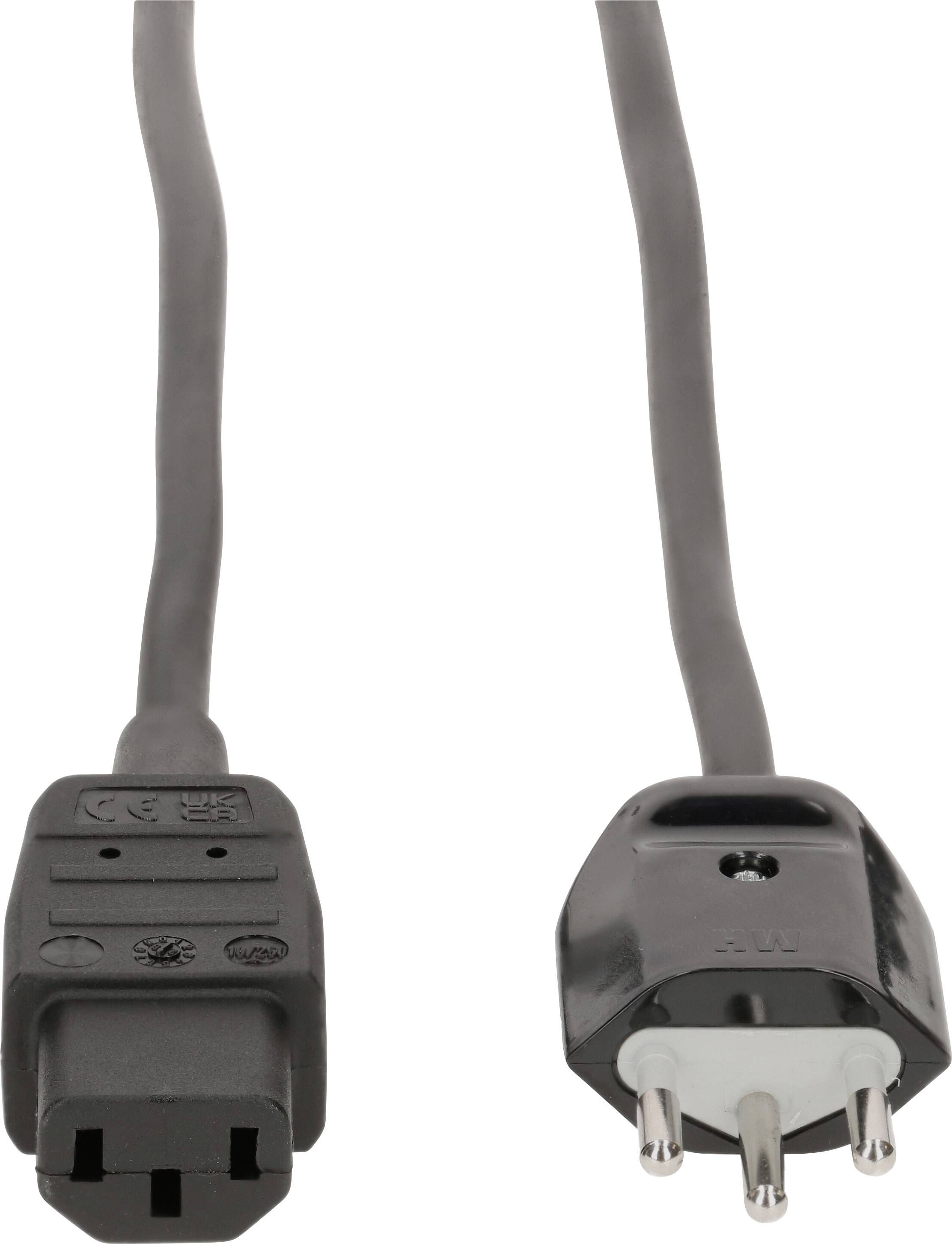 Ein schwarzes Netzkabel mit zwei unterschiedlichen Steckertypen an jedem Ende, geeignet für die Stromversorgung elektrischer Geräte.