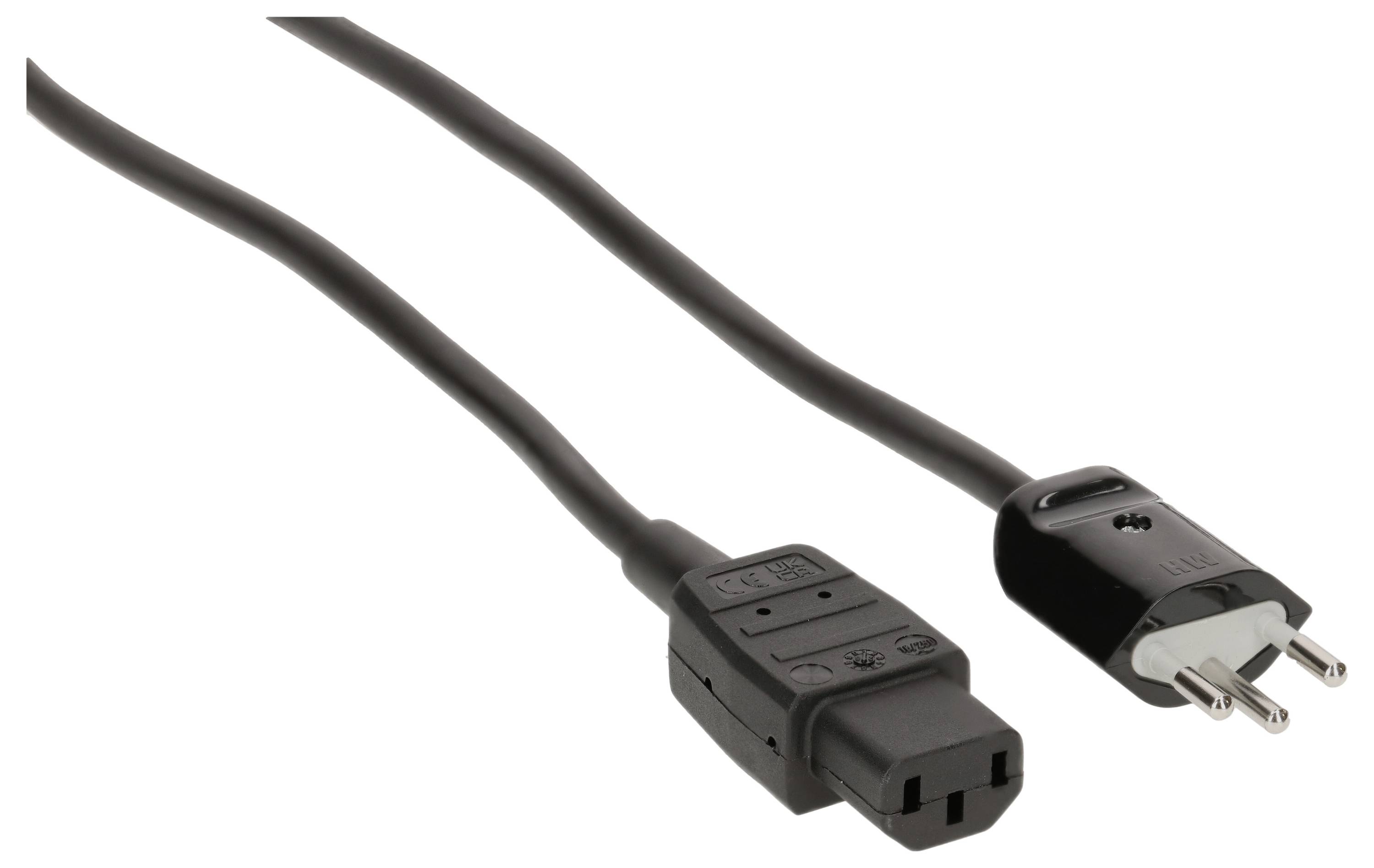 Netzkabel mit zwei Steckern: links ein Kaltgerätestecker, rechts ein Schukostecker. Verbindet elektronische Geräte mit Netzstrom.