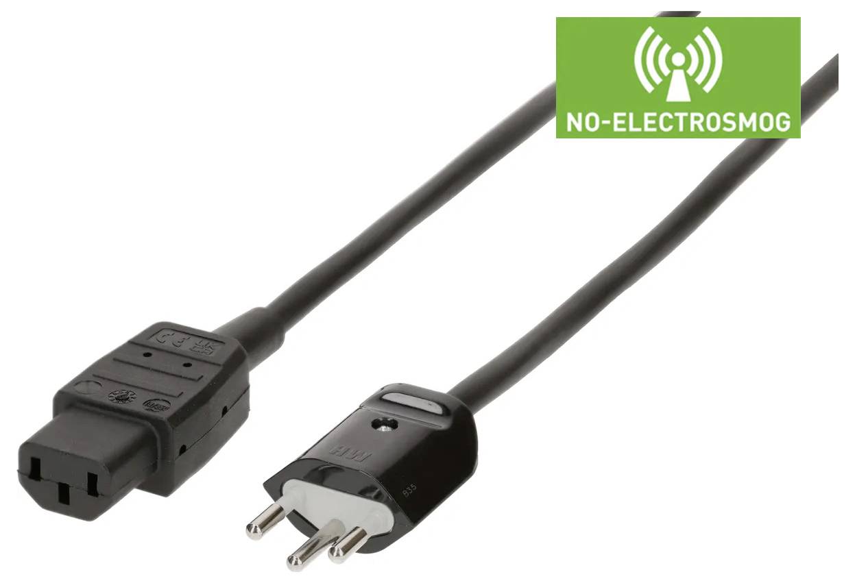 Schwarzes Stromkabel mit Euro- und Kaltgeräte-Stecker. Auf dem Kabel ist ein grünes 'No-Electrosmog'-Symbol abgebildet.